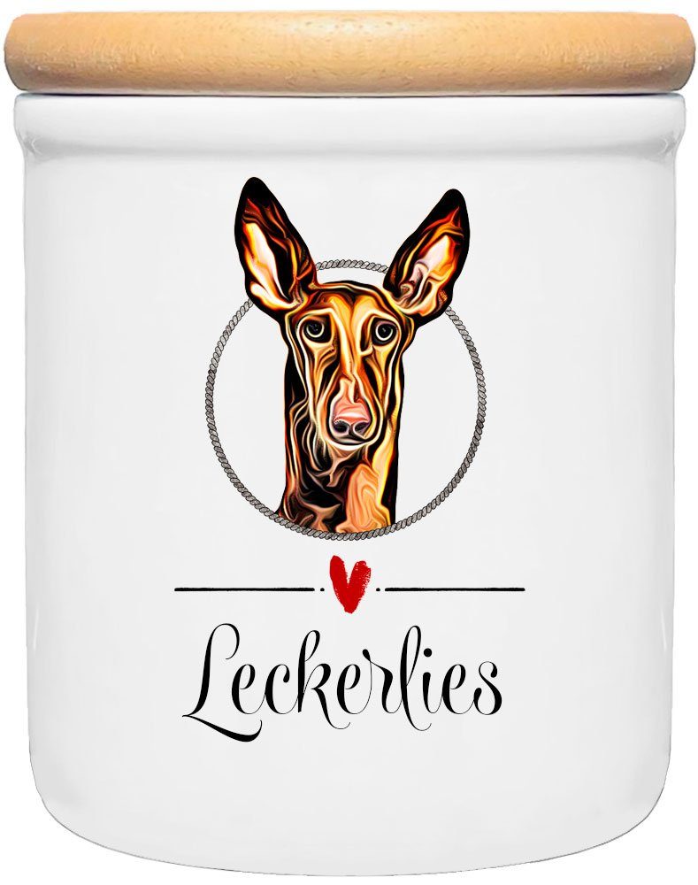 Cadouri Vorratsdose PODENCO - Leckerlidose Hund - für Hundekekse, Keramik, (Leckerlidose mit Hunderasse, 2-tlg., 1x Keramikdose mit Holzdeckel), Hundekeksdose, handgefertigt in Deutschland, für Hundebesitzer, 400 ml