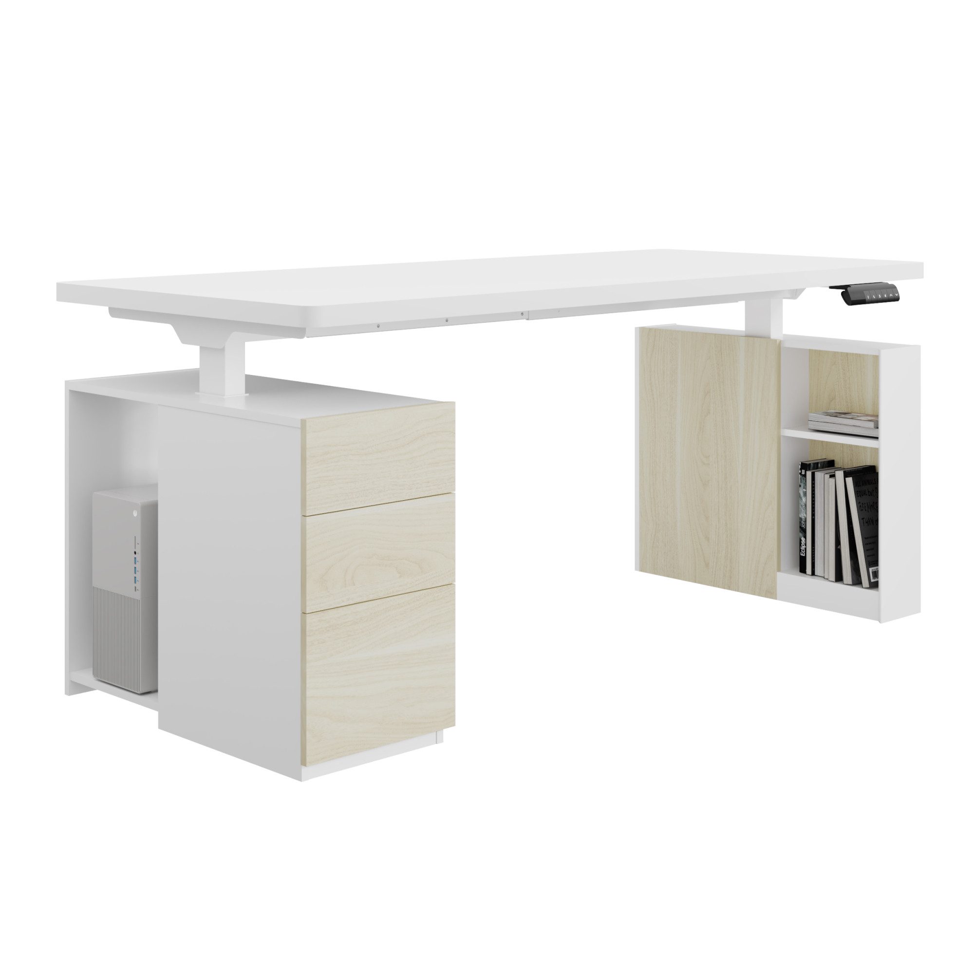 FLEXISPOT Schreibtisch Elektrischer Höhenverstellbarer Schreibtisch mit Bein-Schrank Set (2 Motoren,höhenverstellbar 70–119 cm,4 Speicherhöhen, 25 mm Tischplatte, mit Stauraum & Kabelmanagement), leise <50 dB