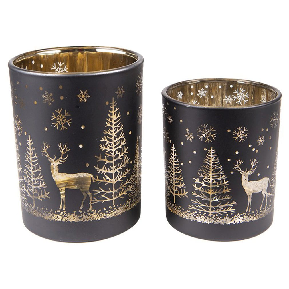 Clayre & Eef Teelichthalter Schwarzes Teelichthalter Set Hirsche im Wald fe günstig online kaufen