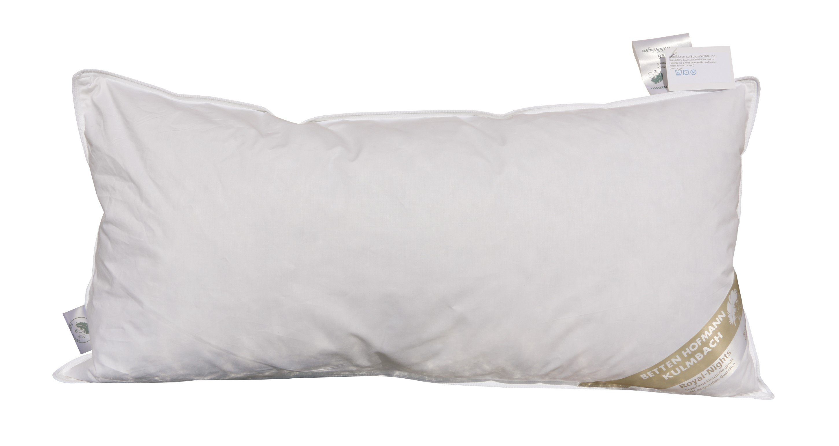 Betten Hofmann Daunenkissen Betten Hofmann Daunenkissen 40x80 cm Kopfkissen mit 250 g Daunen weich, Füllung: 100% Daunen, Bezug: 100% Baumwolle, Seitenschläfer, Bauchschläfer, Rückenschläfer, weich und kuschelig, made in Germany, hypoallergen
