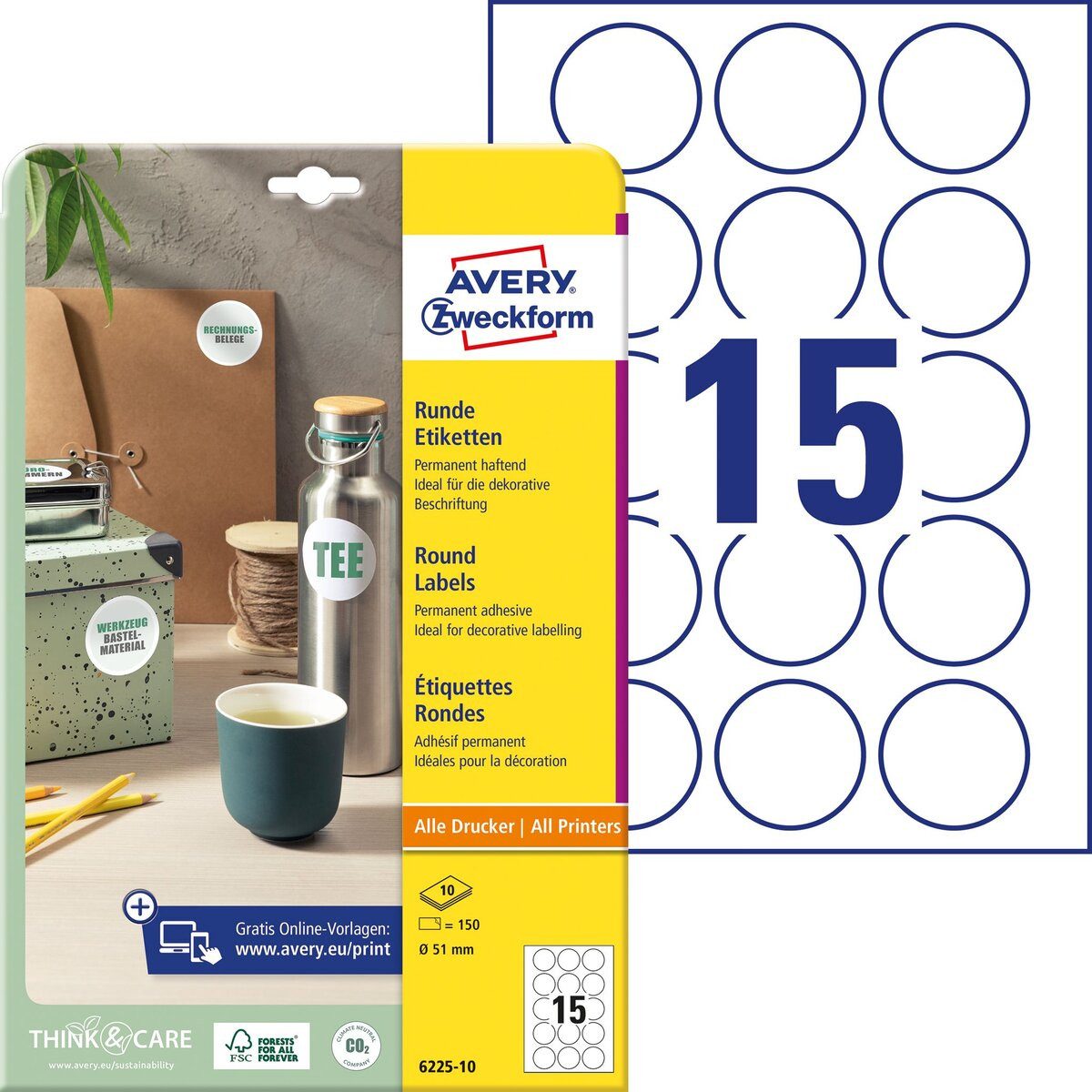 Avery Zweckform Etiketten Etiketten rund A4 51mm 10 Bogen/150 Etiketten weiß
