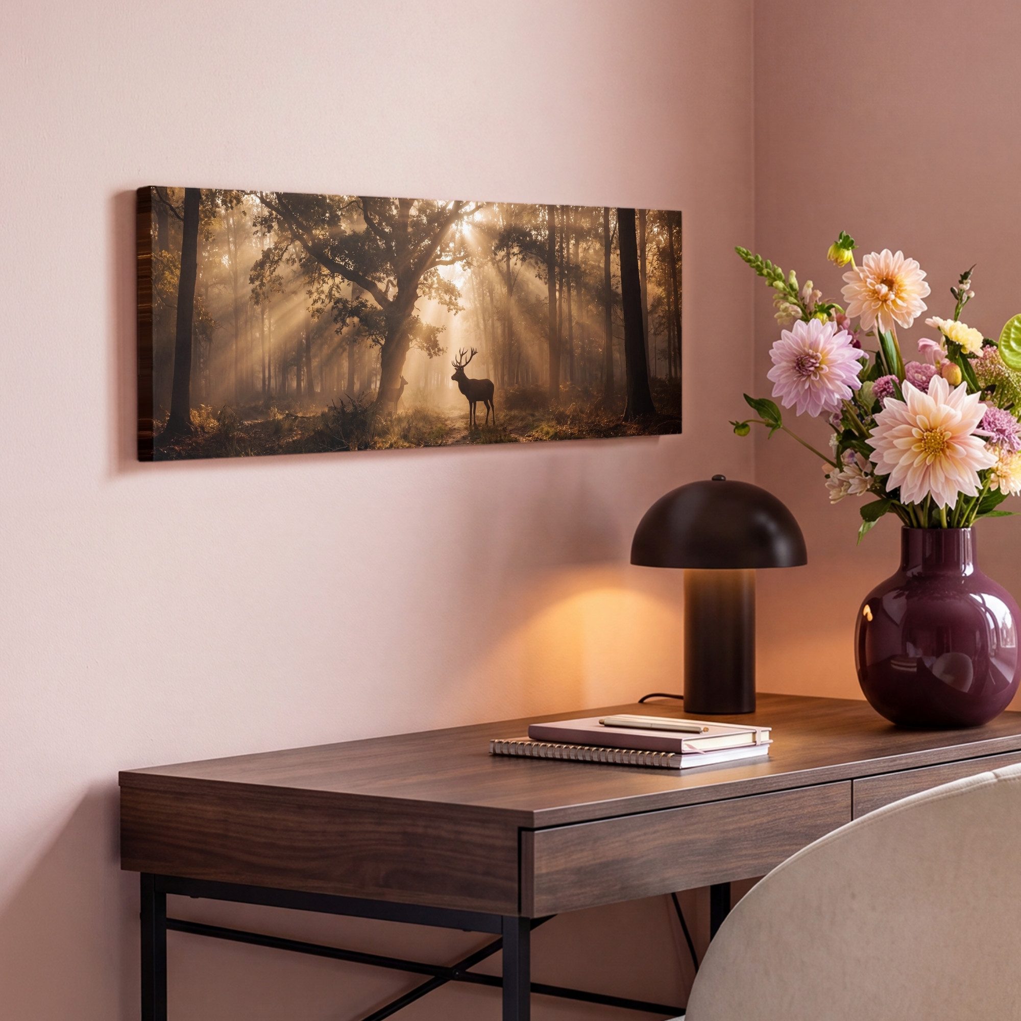OneMillionCanvasses® Leinwandbild Panorama Hirsch - Wald - Neblig - Natur - Gold, Fotodruck (1 St), Wandbild, Deko Schlafzimmer Wohnzimmer Flur 60x20 cm – Bild 4 von 5