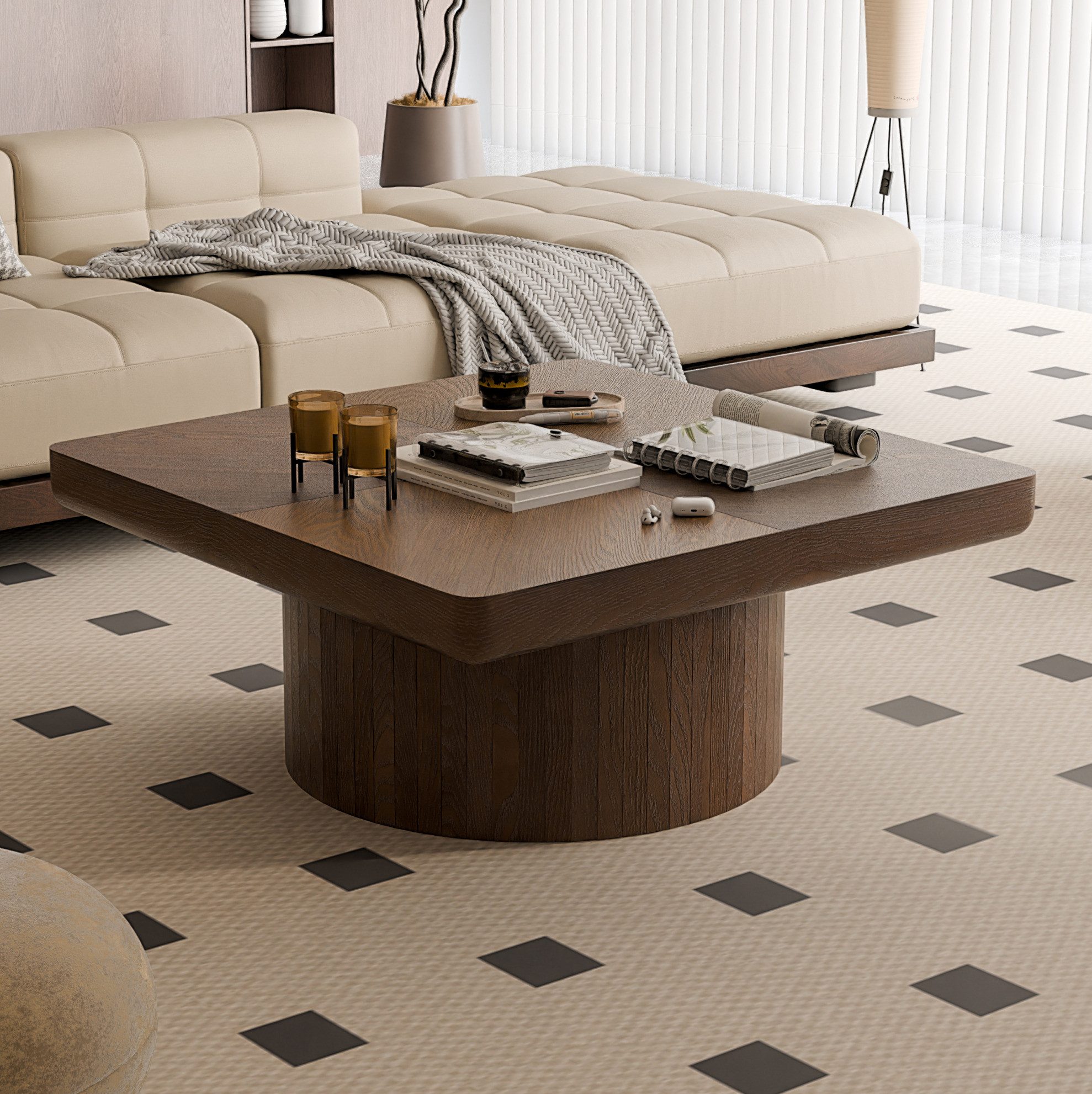 OKWISH Couchtisch Quadratischer Tisch, 78 cm, Walnut mit Tischplatte in Holzoptik (Packung, 1-St., Moderner Beistelltisch mit dicker Tischplatte, einfache Montage), Wohnzimmertisch mit Parquet Muster, stabilem Säulenfuß & MDF