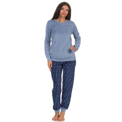 Normann Pyjama Damen Frottee Schlafanzug langarm mit Bündchen und Eiskristall Motiv