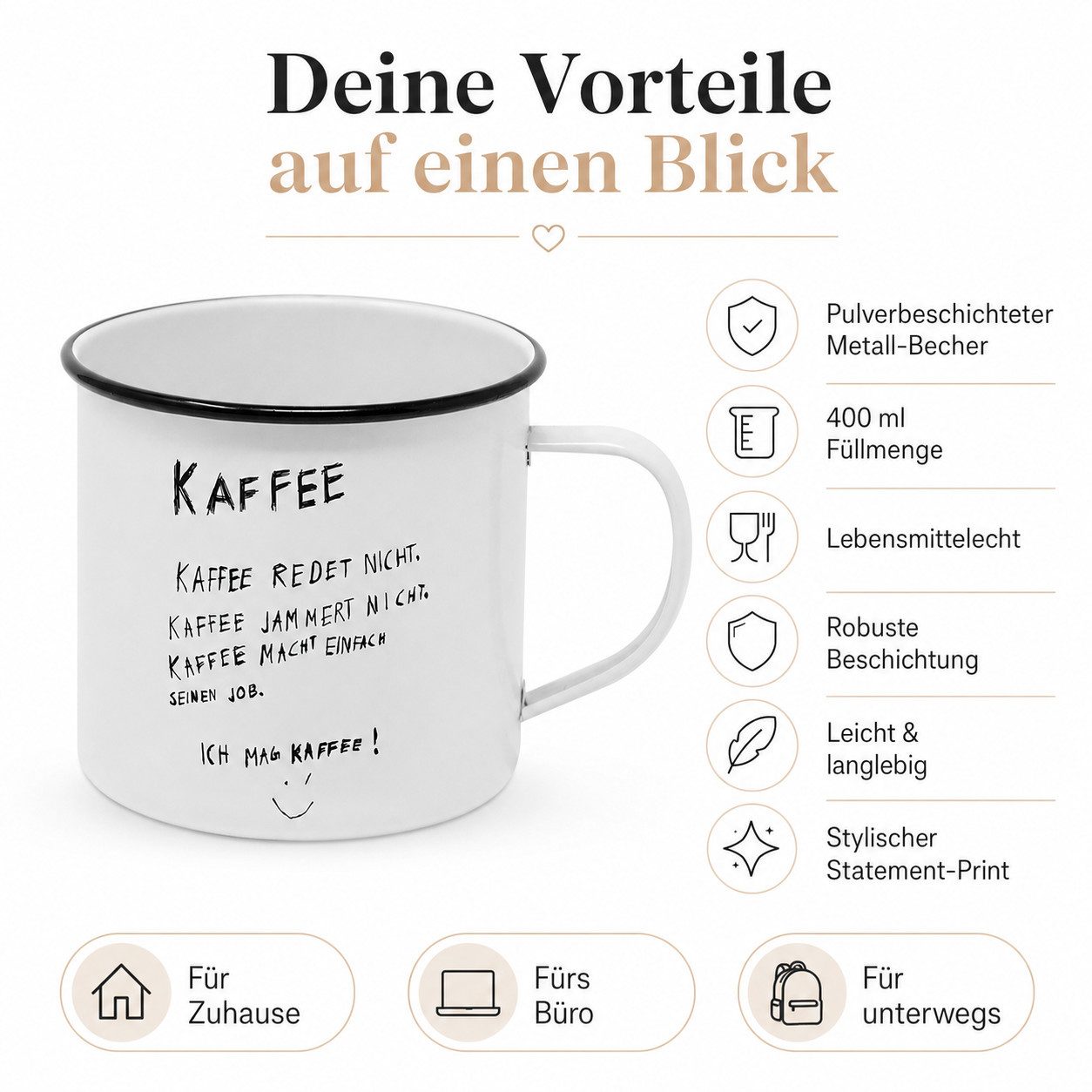 PPD Becher Metall-Becher mit Schriftzug Kaffee Redet Nicht Weiß Schwarz, 1-tlg., Melamin