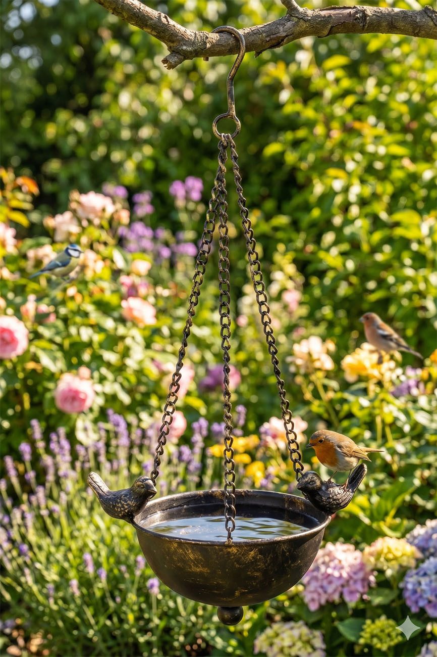 LB H&F Lilienburg Vogelsand Vogeltränke Vogelbad Vogelfutterstelle hängend zum Hängen braun (Futterschale Garten Terrasse Bienen winterfest frostsicher aufhängen Dekoration Frühling katzensicher Garten Deko Wildvögel Herbst Haken Kette Hof Aufhängen Gartendeko Hängetränke Hänger Garten Deko, Wasserstelle Gartendeko Wasserschale Tiertränke Hänger Schale), Tränke Vogelbecken Balkon modern Futterschale Vögel Futterstelle