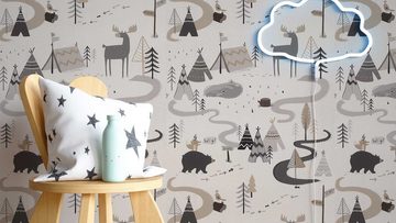 Newroom Papiertapete, Grau Kindertapete Kinder Tiere - Babytapete Babyzimmer Beige Creme Niedlich Giraffe Löwe für Bad Diele/Flur Küche