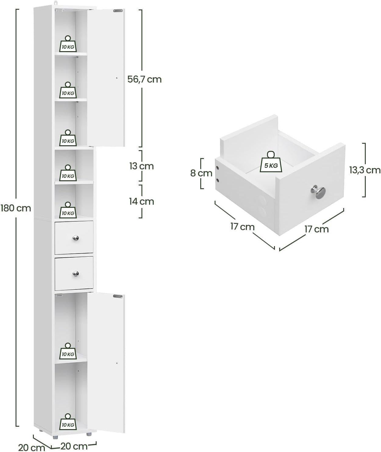 EUGAD Hochschrank (1-St) Badschrank, mit Schubladen, Fächern, Weiß, 20x180x20 cm