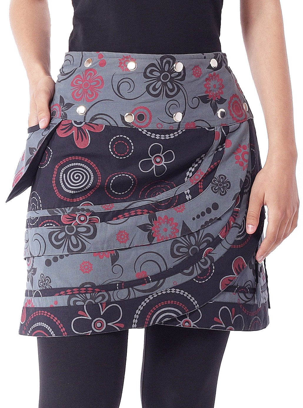 PUREWONDER Wickelrock Damen Wickelrock mit Blumen und femininem Muster Nr. 182 Grau Baumwolle Einheitsgröße