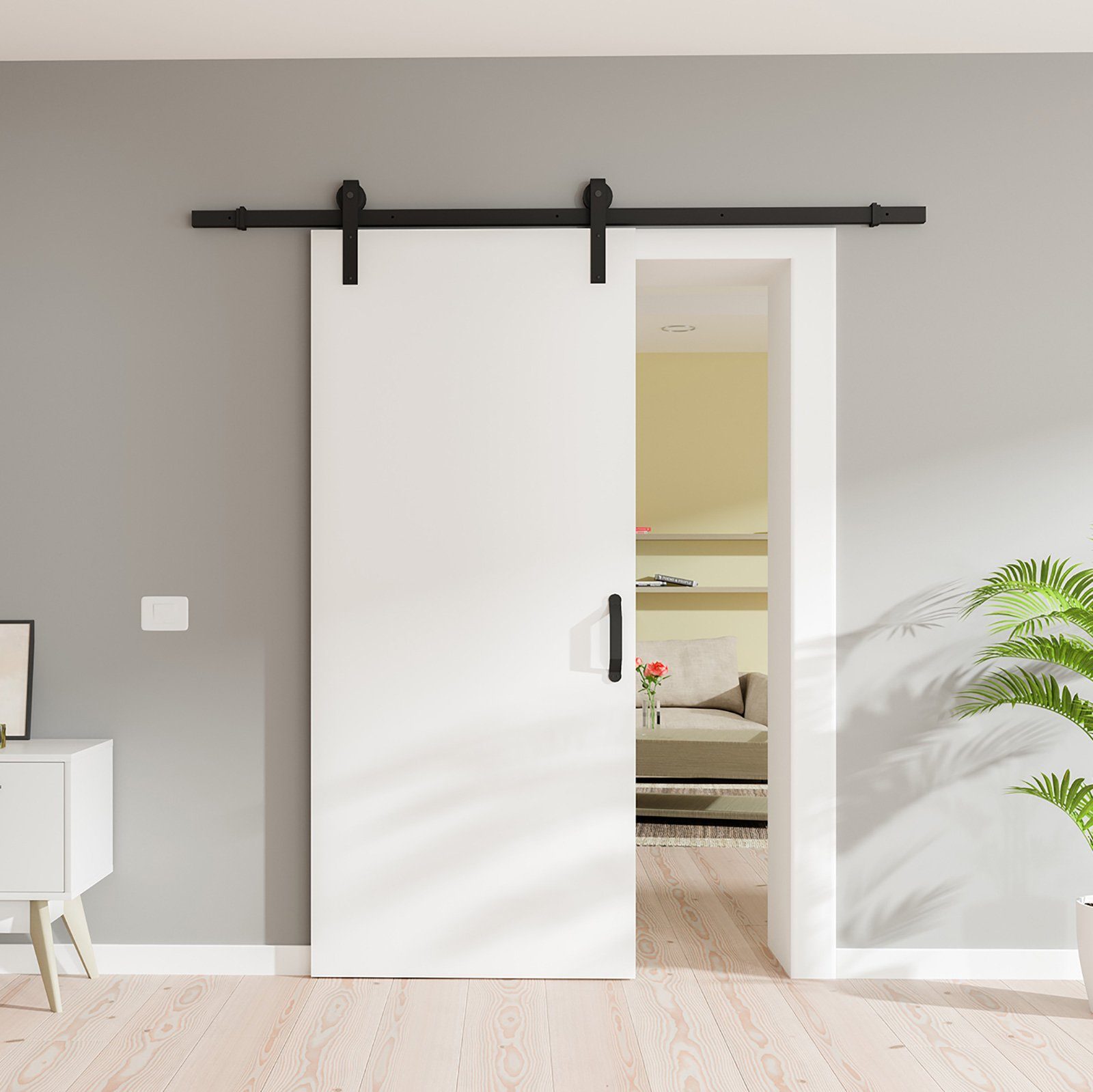 inova wohnen Schiebetür Holzschiebetür 90 x 206,5 cm weiß, inkl. offener Laufschiene und Bügelgriff in schwarz | Schiebetüren