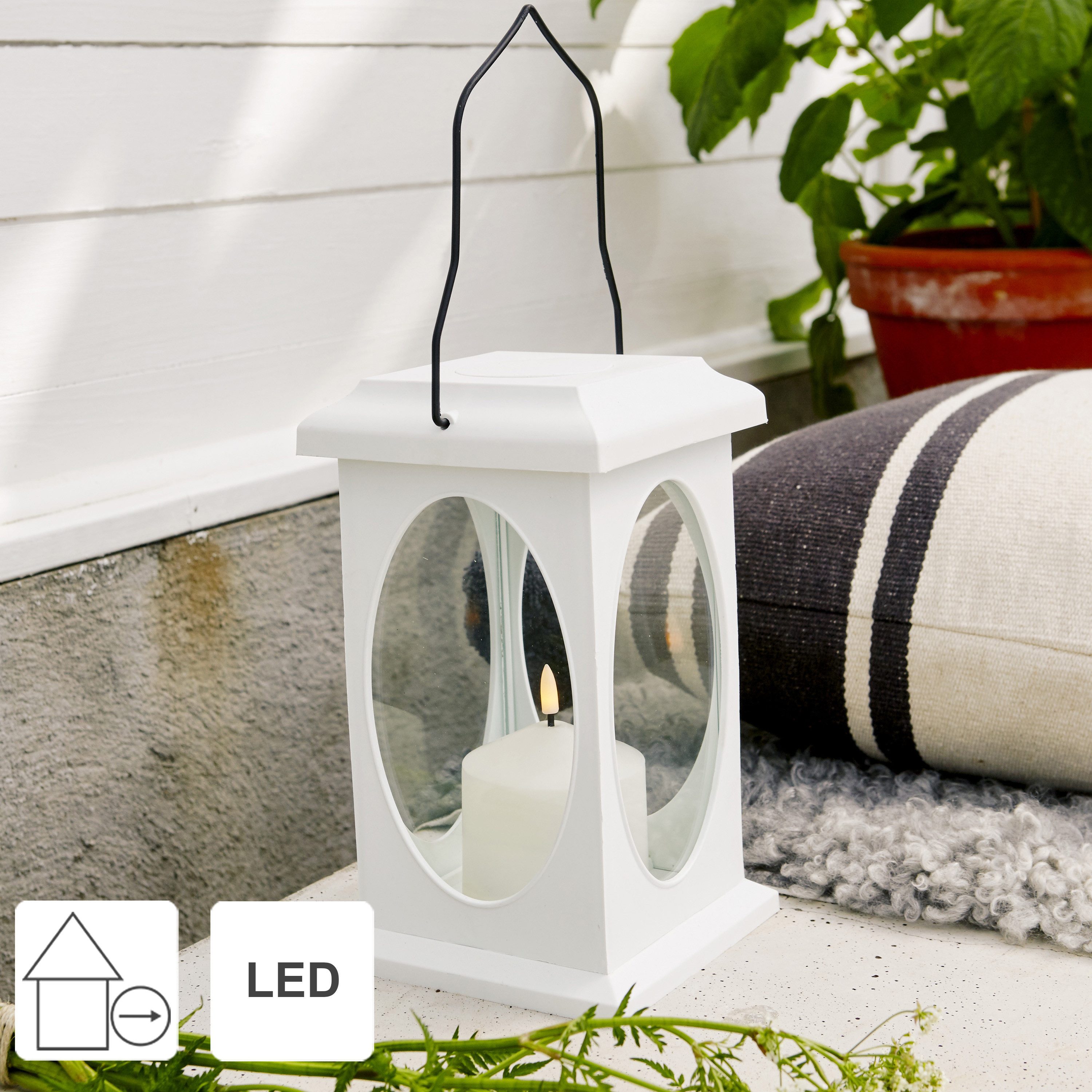 STAR TRADING Außen-Tischleuchte Flamme, LED Outdoor-Laterne,Flamme, Batterie & Timer, mit Aufhängung, weiß