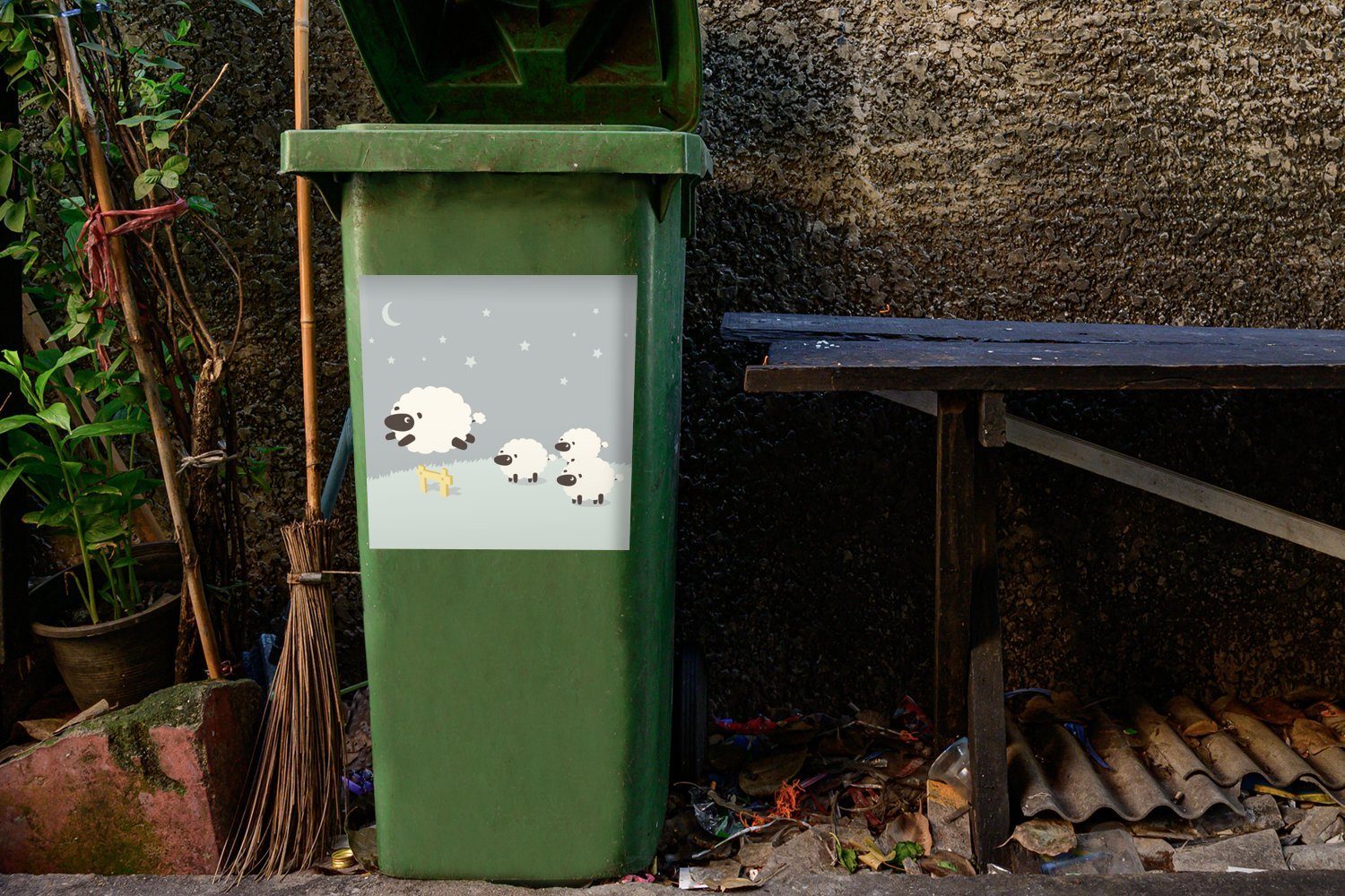 Abfalbehälter St), Sticker, Wandsticker springenden MuchoWow Mülleimer-aufkleber, Eine eines (1 Illustration Container, Schafes Mülltonne,