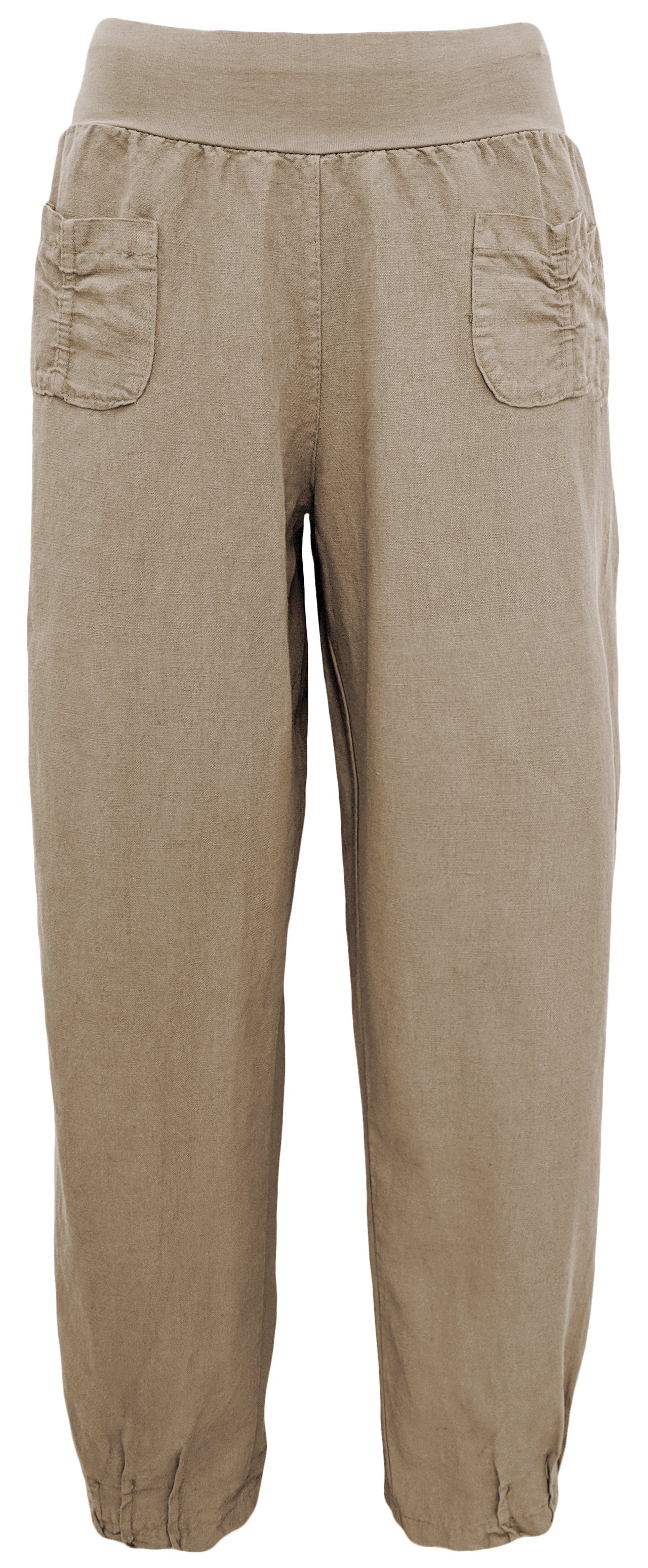 Aurela Damenmode Leinenhose Sommerliche und Leinen Gummizug, Bein Passform, Schlupfhose weitem (1-tlg) 100% bequemer breiter Leinen, Pumphose luftig Beige leichte mit und lässige weite