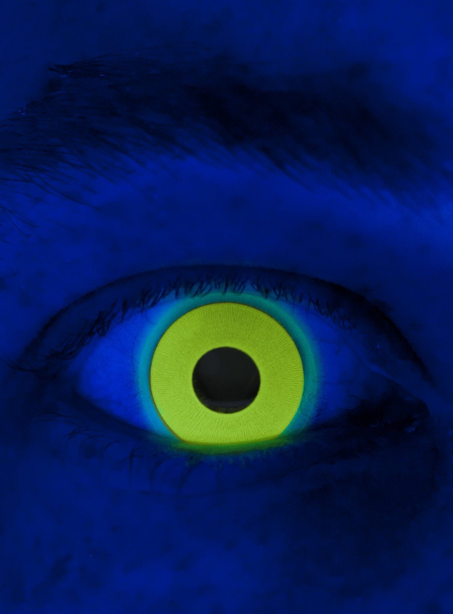 Maskworld Motivlinsen Glow UV Gelb Jahreslinsen für Karneval Halloween, Motivlinsen ohne Sehstärke