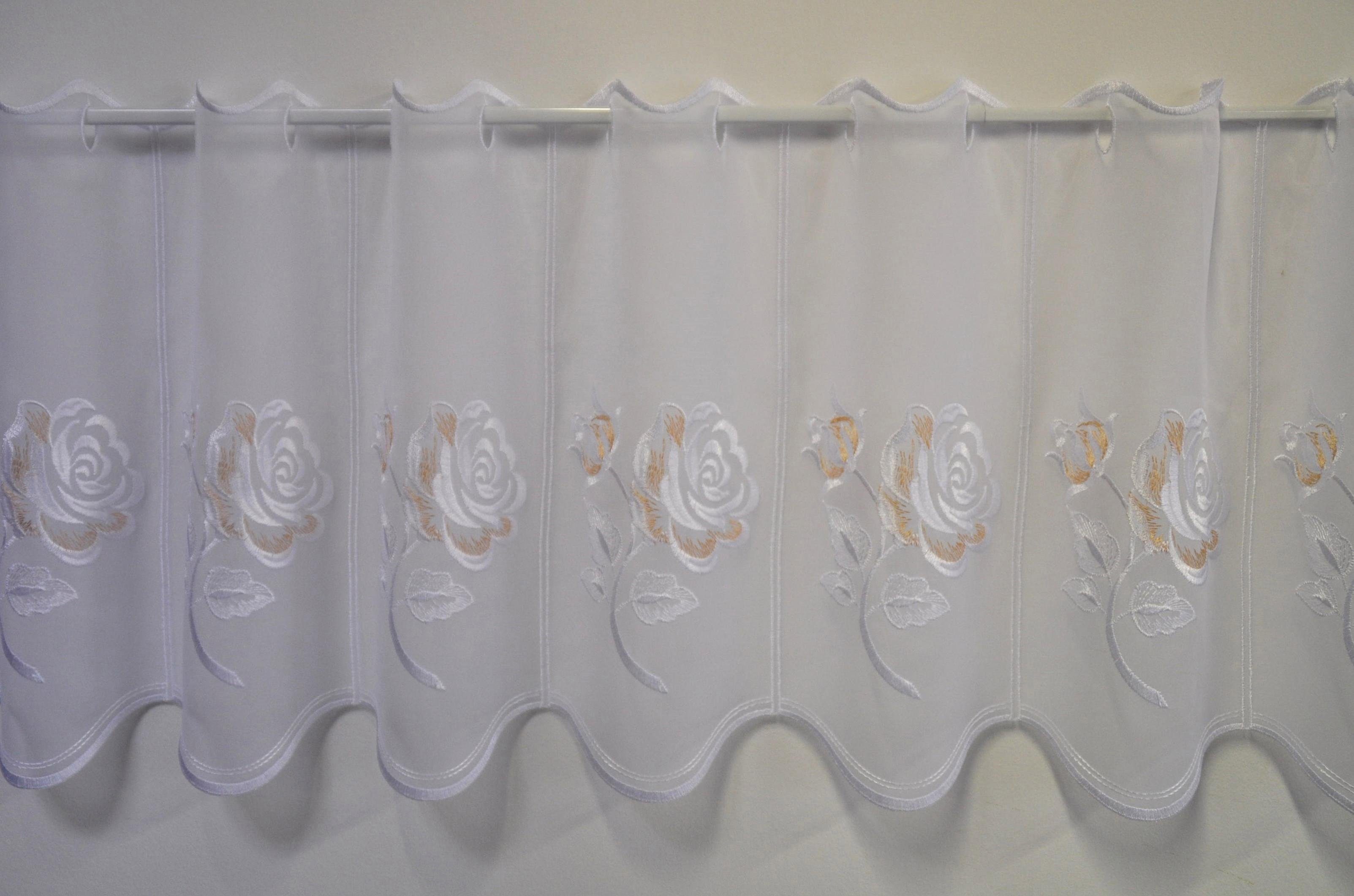 Voile St), weiß/beige Rosentraum, Stangendurchzug transparent, (1 Scheibengardine Plauen, Stickereien