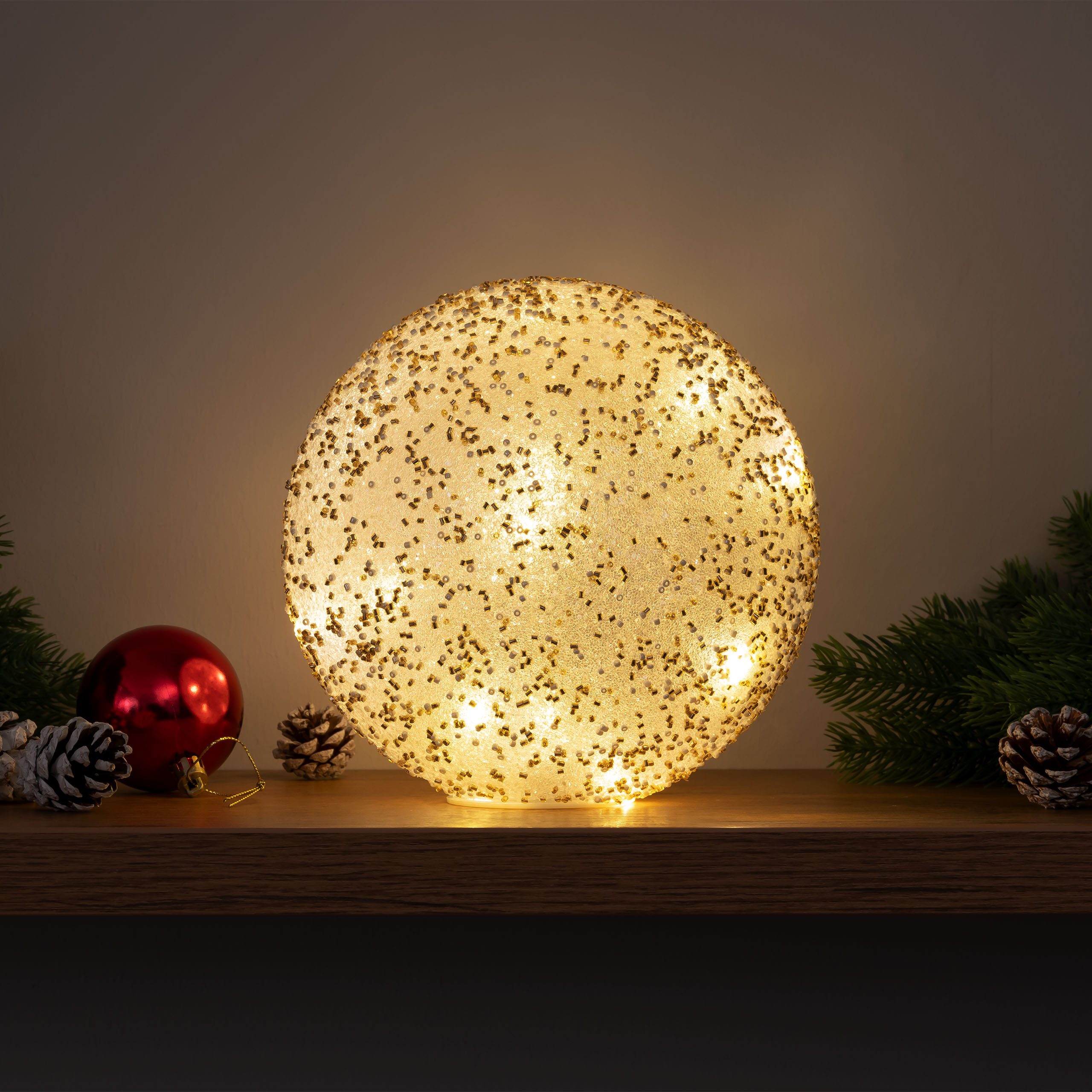 kamelshopping Weihnachtsbaumkugel Deko Kugel aus Glas mit Draht-Lichterkette als Beleuchtung, verschiedene Modelle, Echtglas, warm-weißes Licht, batteriebetrieben