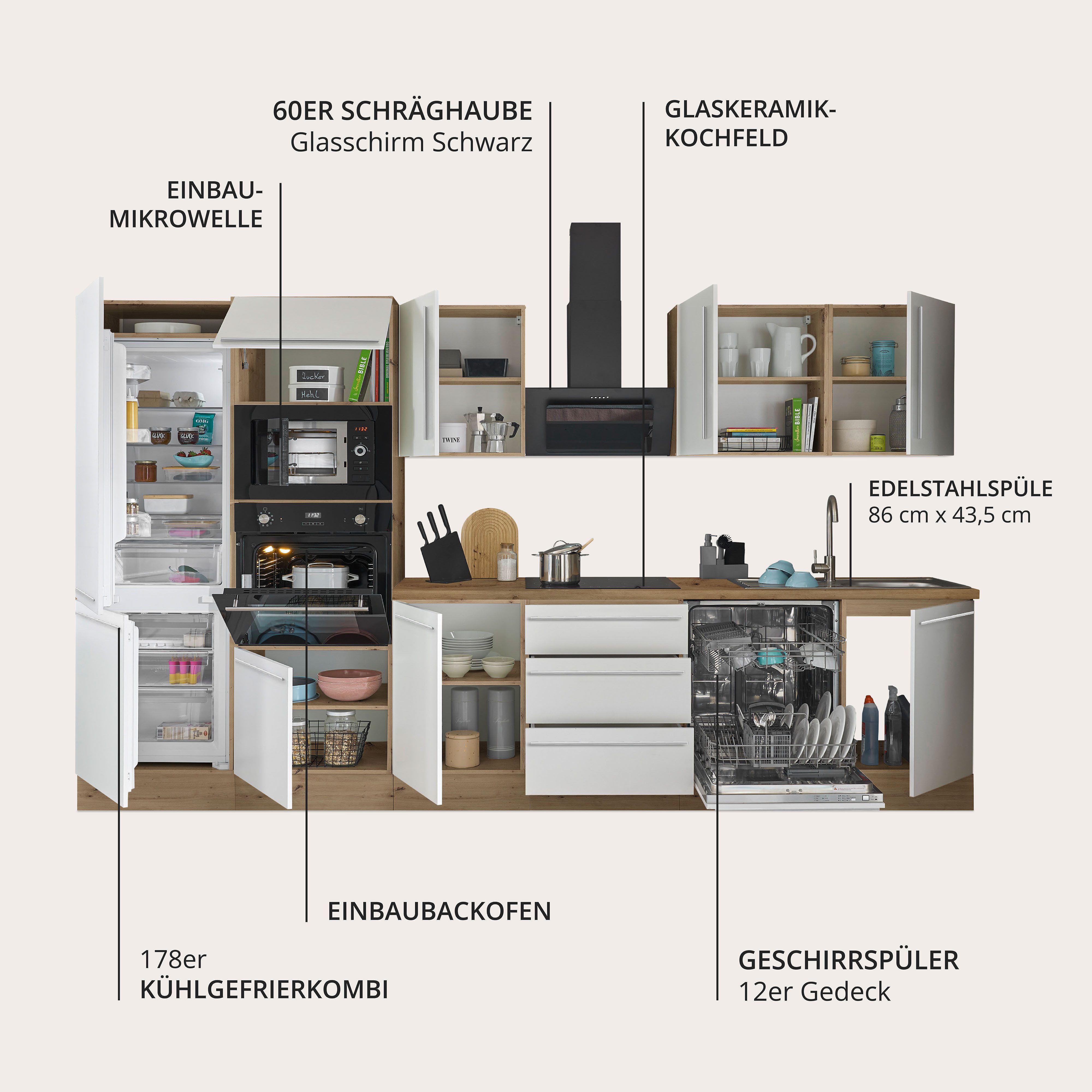 KOCHSTATION Küchenzeile Florida, Breite 340 cm, wahlweise mit E-Geräten,Softclose für Türen/Schubkästen