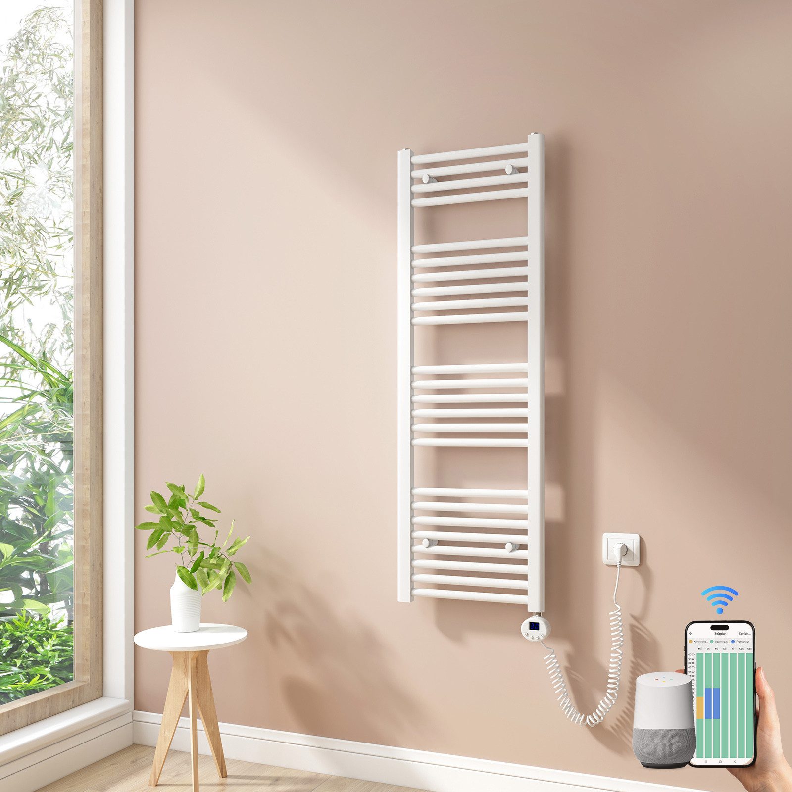 MEYKOERS Elektrischer Badheizkörper Handtuchheizkörper mit Smart WiFi Thermostat Heizstab, 500W/600W, Höhe: 120 cm, Intelligente Steuerung, 4 Modi und Smartes Heizen