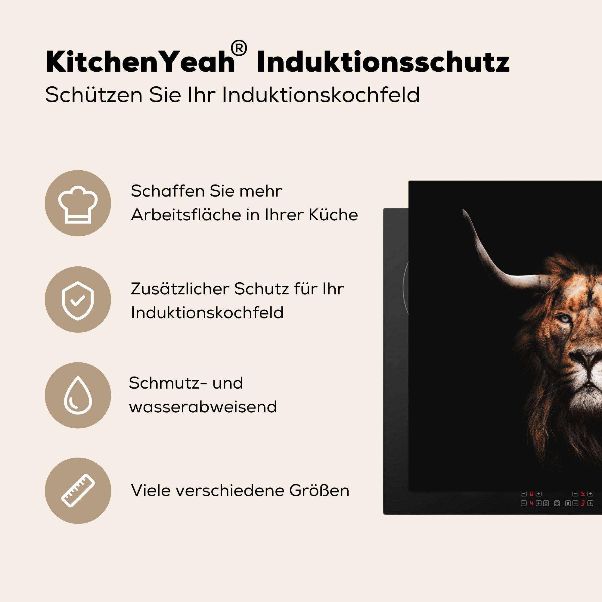 MuchoWow Herdblende-/Abdeckplatte Löwe - Schwarz küche, (1 Ceranfeldabdeckung Induktionsmatte für Vinyl, die cm, Mantel, tlg), 59x52 