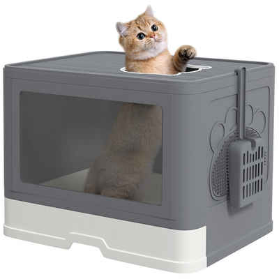 PawHut Katzentoilette Katzenklo mit Schaufel, Deckel, Toilette für Katzen bis 4 kg, für Indoor, Kunststoff Grau 48,5 x 38 x 36,5cm