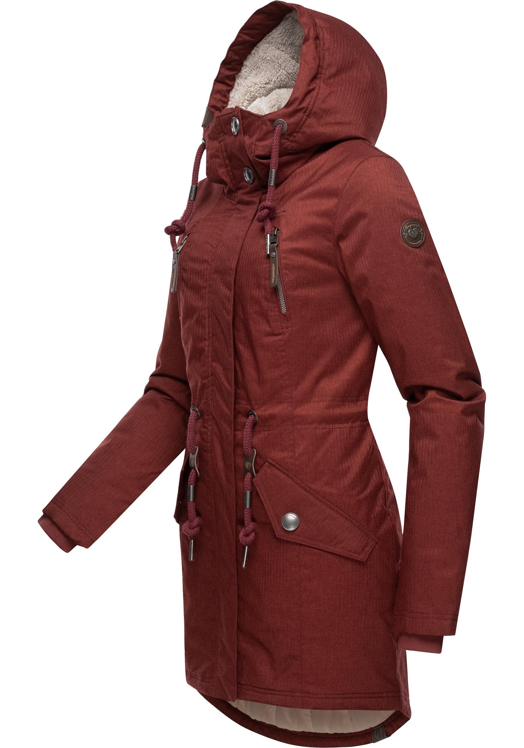 Ragwear Wintermantel Elsie Melange wasserdichter Winterparka mit Kapuze und Teddyfleece