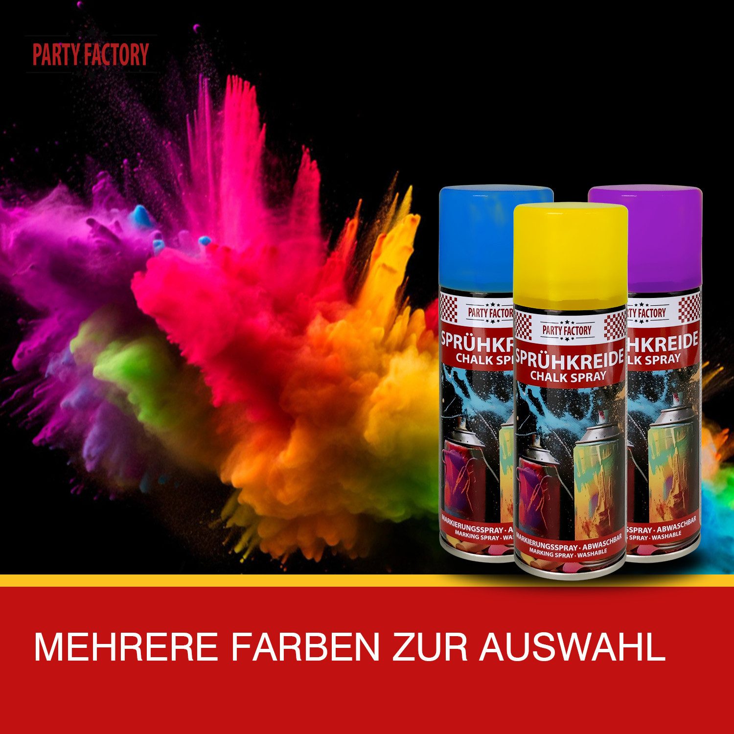 Party Factory Kreidespray Sprühkreide 100 ml – Abwaschbares Kreidespray in 6 Farben Markierungen, für Sport, Events, Spiele und kreative Outdoor-Projekte