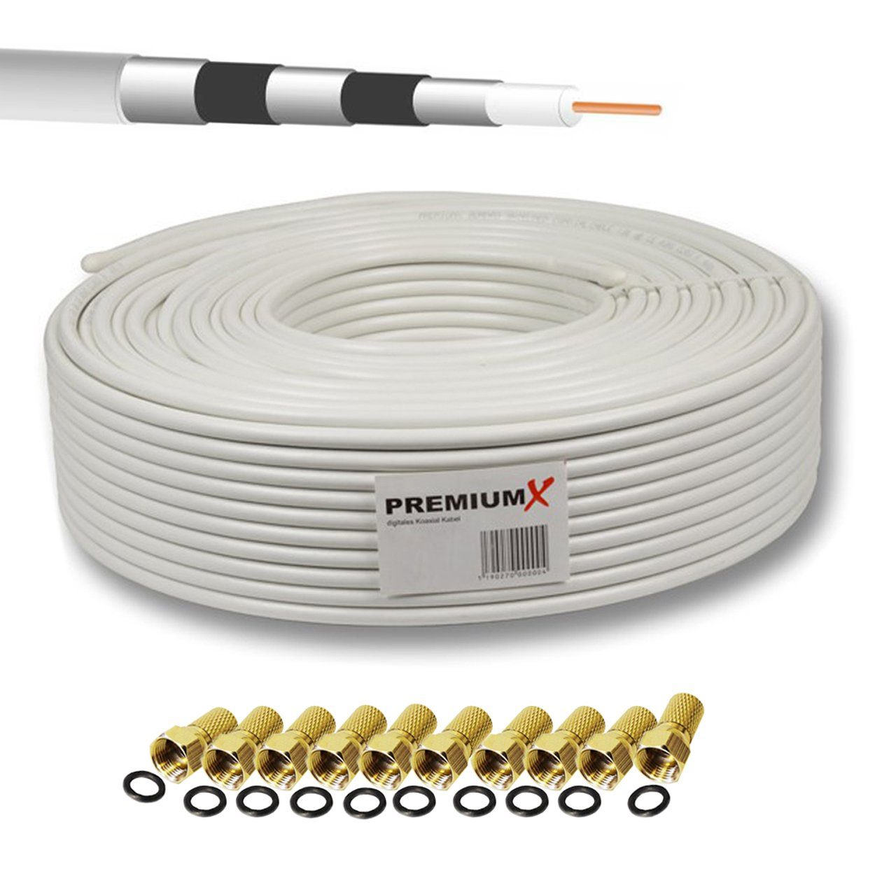 PremiumX 50m BASIC PRO Koaxialkabel 135dB 10x SAT 5-fach F-Stecker Kabel Koax SAT-Kabel