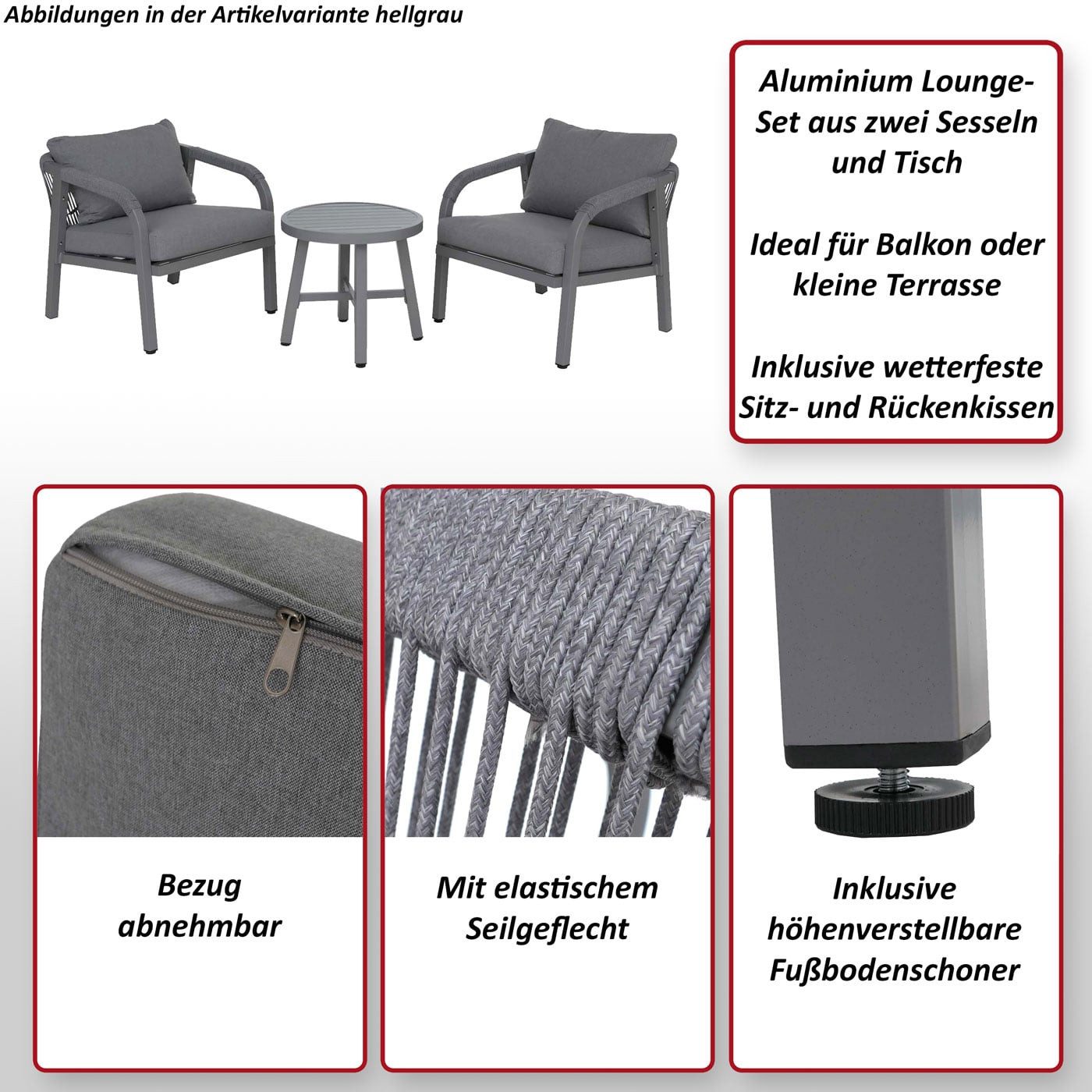 MCW Loungeset MCW-P82, (Set, 3-tlg), Mit elastischem Seilgeflecht, Inkl. wetterfeste Sitz- und Rückenkissen