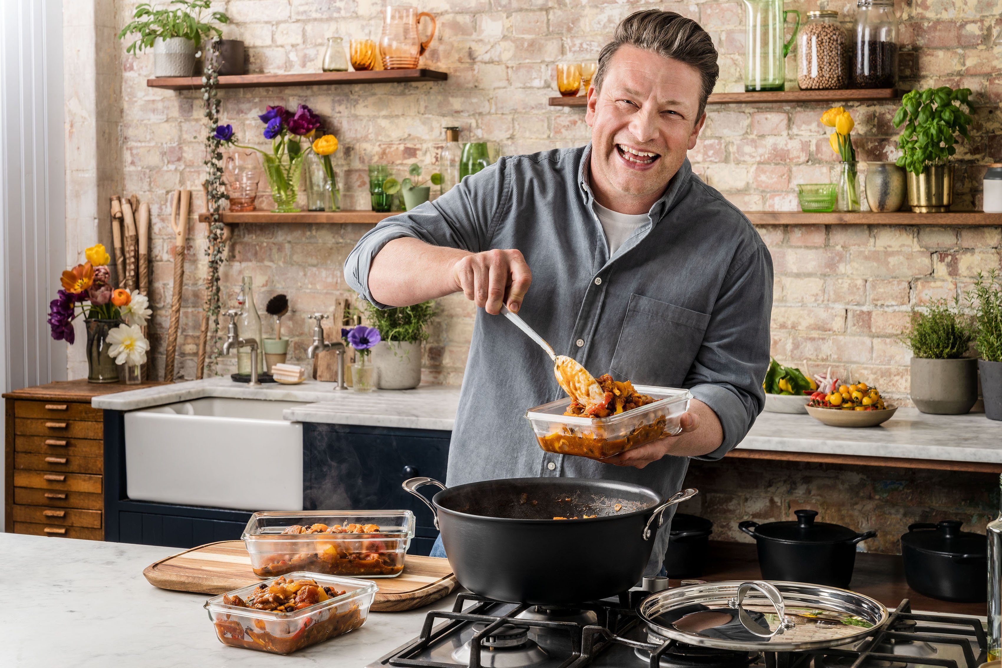 Tefal Kochtopf Jamie Oliver Batch-Cooking Set Induktion 30 cm, Aluminium, Antihaftversiegelung, Thermo-Signal, Rezeptbuch, H91254