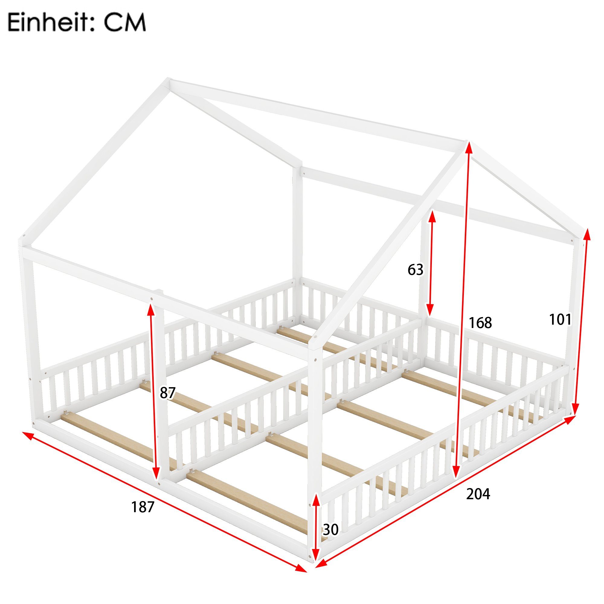 mit Kinderbett 2 weiß aus (90x200 Holzbett Schlafgelegenheiten Kiefer SOFTWEARY Lattenrost und Hausbett cm),