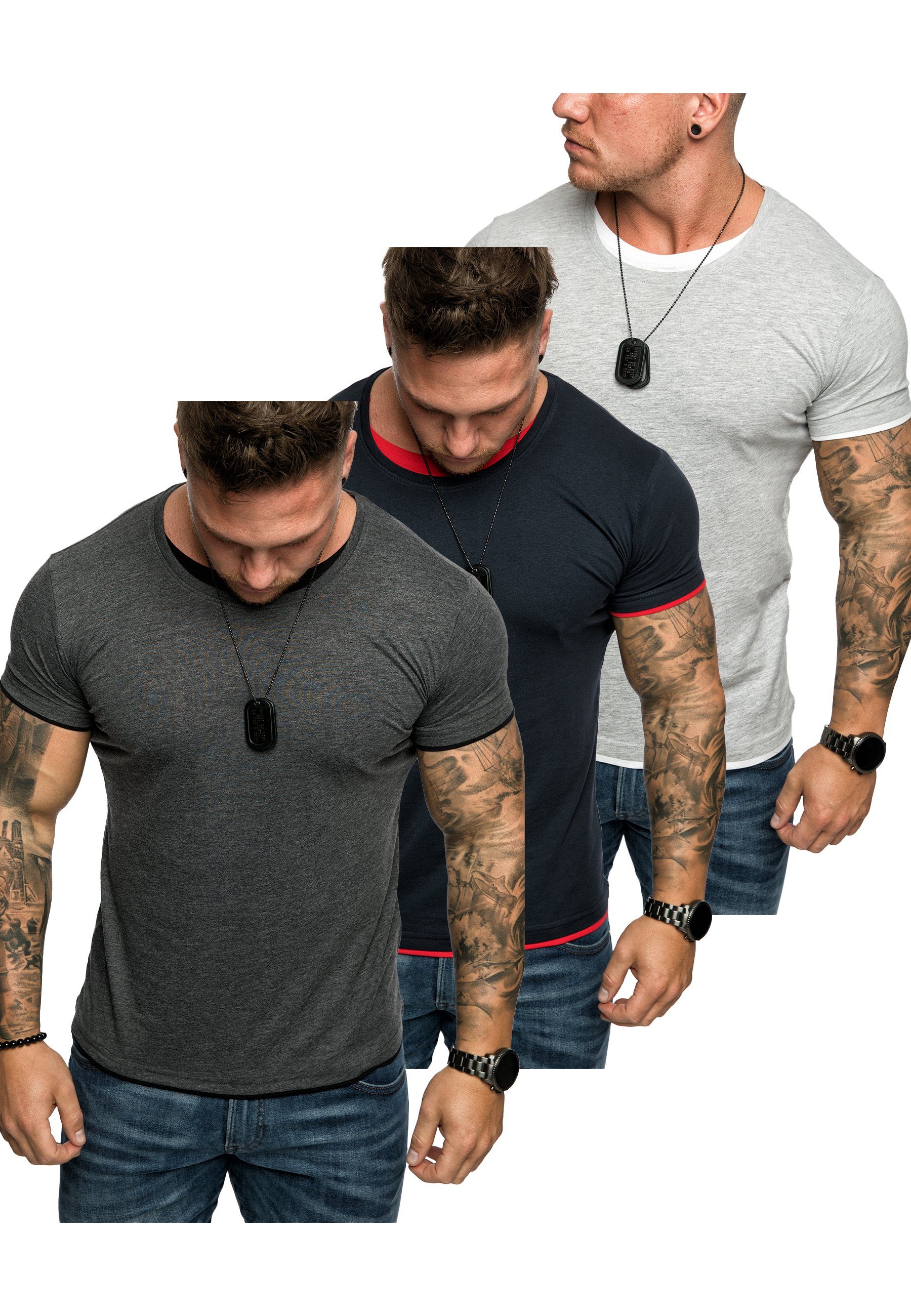 Amaci&Sons T-Shirt 3. LAKEWOOD 3er-Pack T-Shirt mit (3er-Pack) + T-Shirts Rundhalsausschnitt Oversize Herren Basic Grau/Weiß) + (Anthrazit/Schwarz Navyblau/Rot
