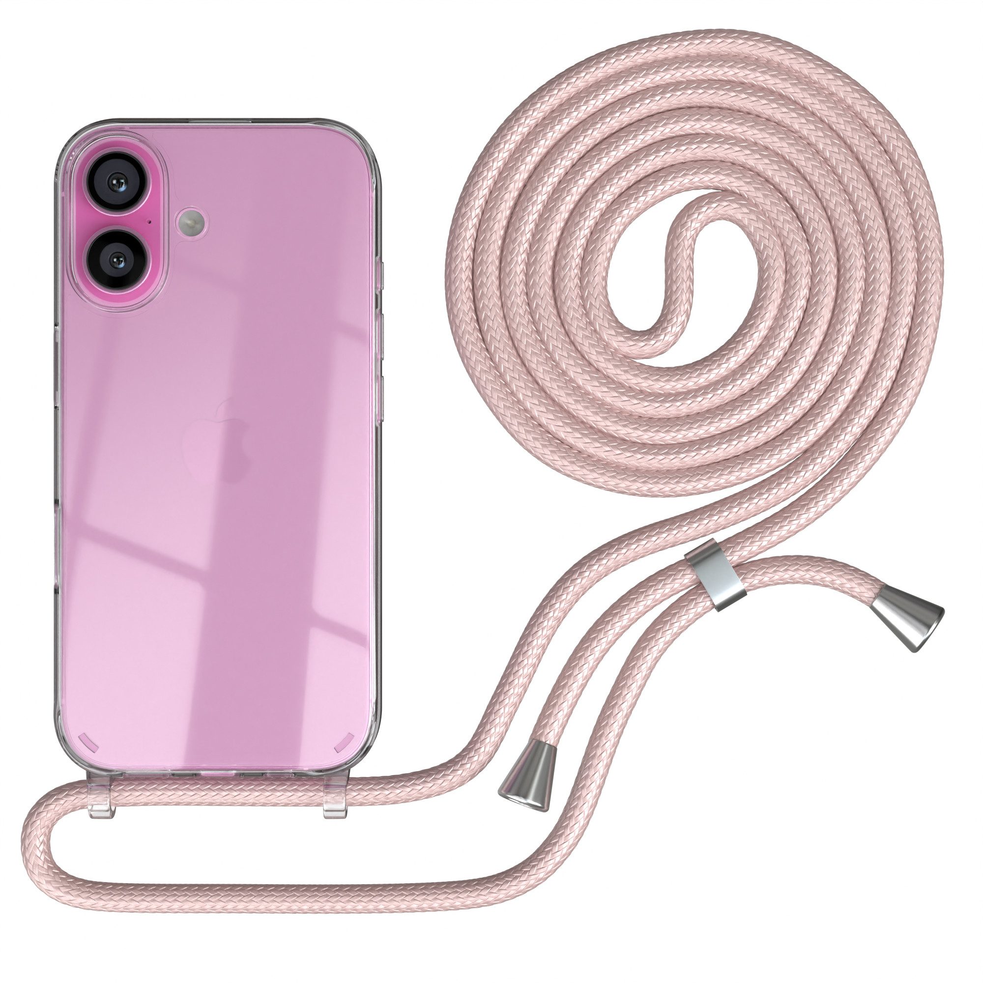 EAZY CASE Handykette Hülle mit Kette für Apple iPhone 16 6,1 Zoll, Slimcover Festival Hülle Band Handyketten Umhängehülle Altrosa Rosé