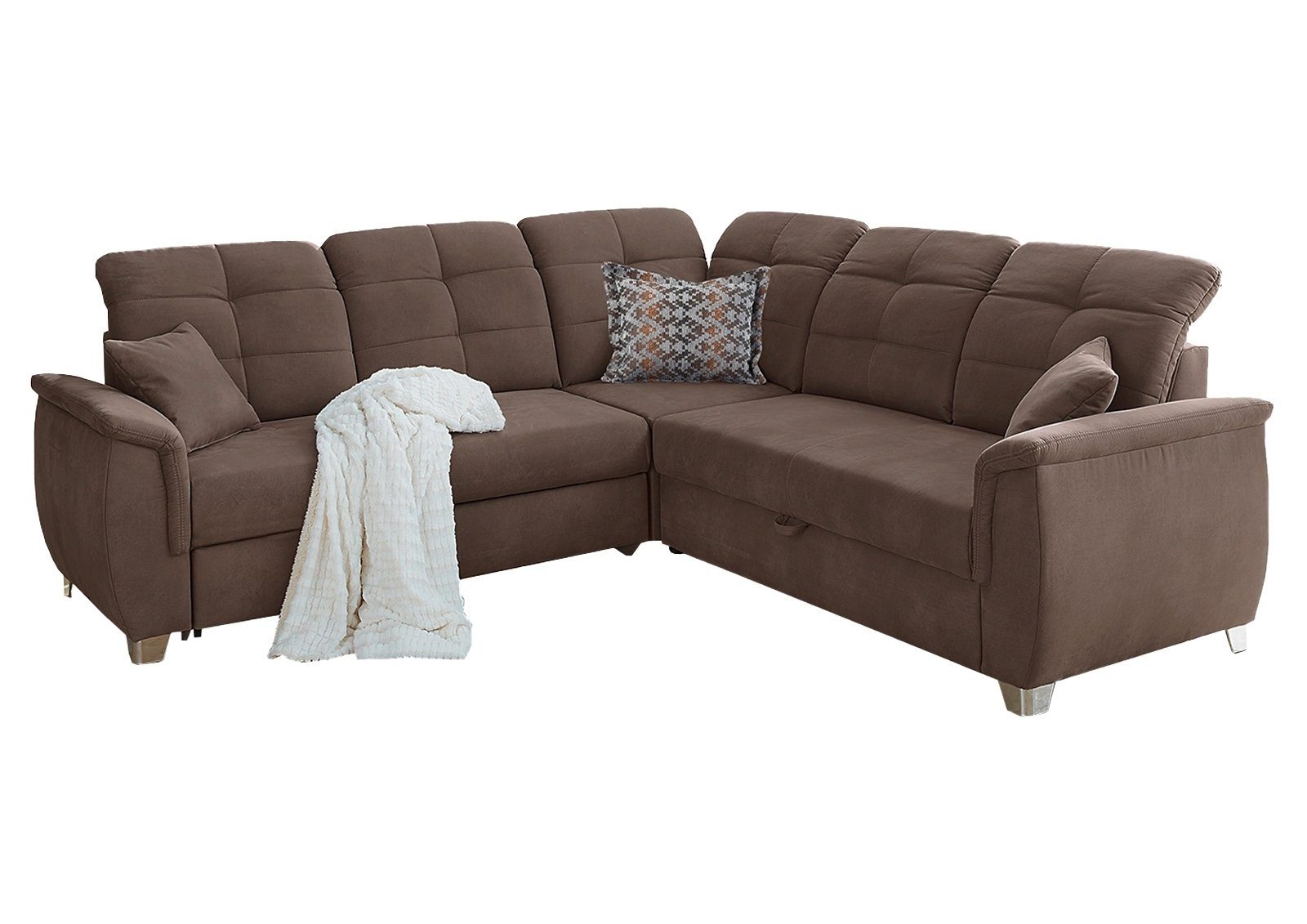 Sofa UDINE, B 252 cm x T 252 cm, Braun, Mikrofaserbezug, Ausziehfunktion mit Bettkasten