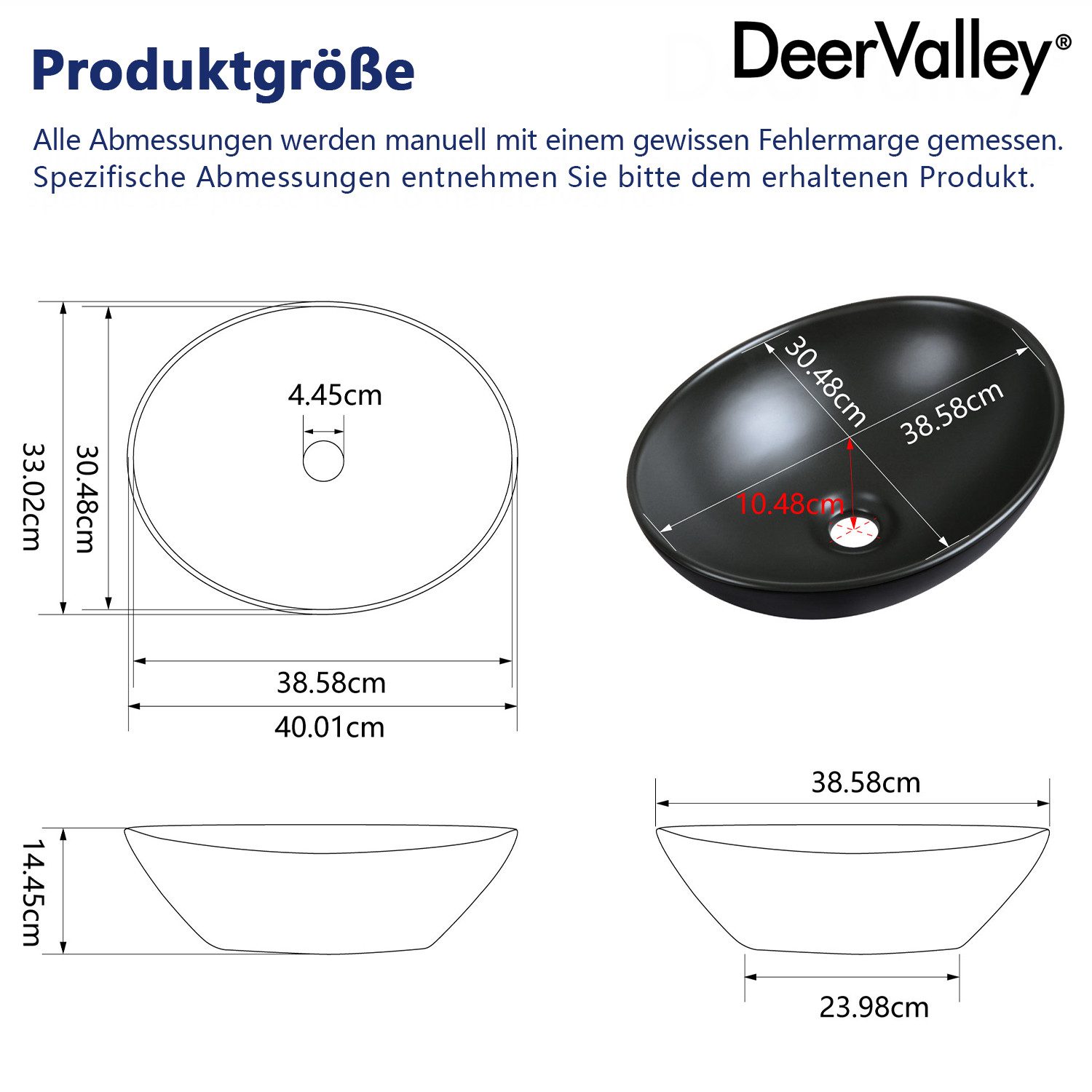 DeerValley Aufsatzwaschbecken DeerValley Oval Keramik Aufsatzwaschbecken Badezimmer Gäste-WC 40x33cm (Packung, ohne Armatur und Ablaufgarnitur), Ovale Keramik-Waschschale in Schwarz ohne Hahnloch