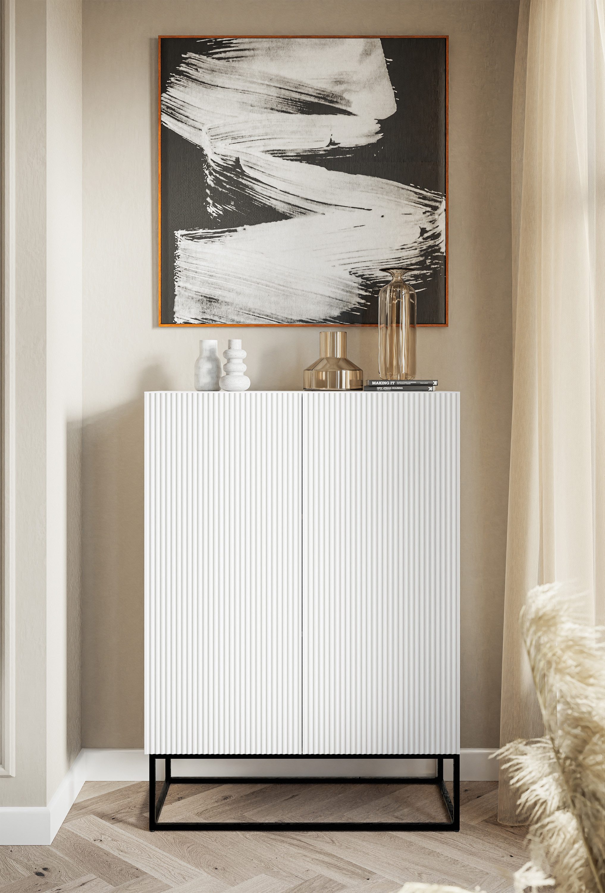 Selsey Highboard VELDIO, Highboard 2-türig mit 3 Fächern, Lamellenfronten und schwarzen Beinen