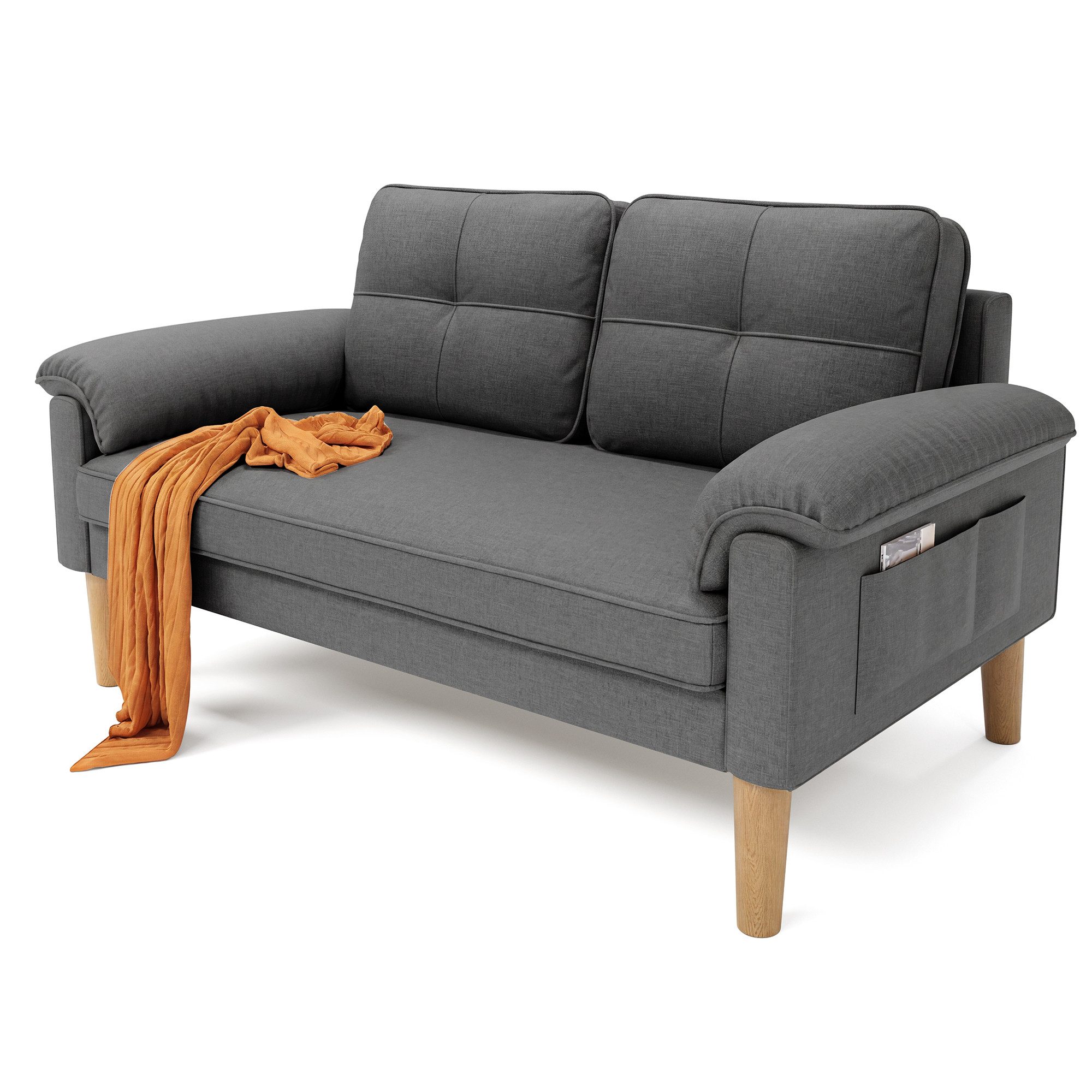 Bealife 2-Sitzer Kleine Couch, mit Armlehne und Seitentasche, 144 x 77 x 77 cm, Geeignet für kleine Apartments / Schlafzimmer.