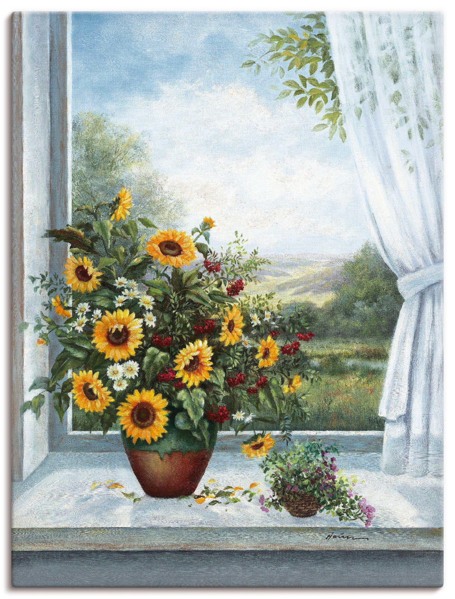 Artland Leinwandbild Sonnenblumen am Fenster, Arrangements (1 St), auf Holzrahmen gespannt