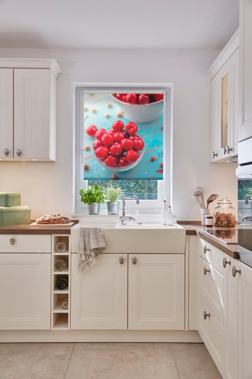 Seitenzugrollo Rollo Klemmfix, ohne Bohren, Verdunkelung, Kirschen - Rot, LICHTBLICK ORIGINAL, verdunkelnd, freihängend, Klemmfix