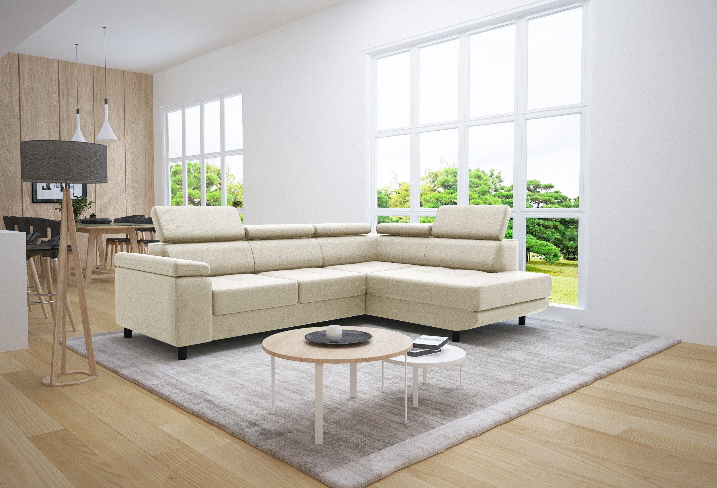 thematys Ecksofa LUNA L mit Schlaffunktion & Bettkasten – aus Velours oder Cord Stoff, mit 5 verstellbaren Kopfstützen, – L-Form 250×183 cm – Schlafsofa mit Auszug