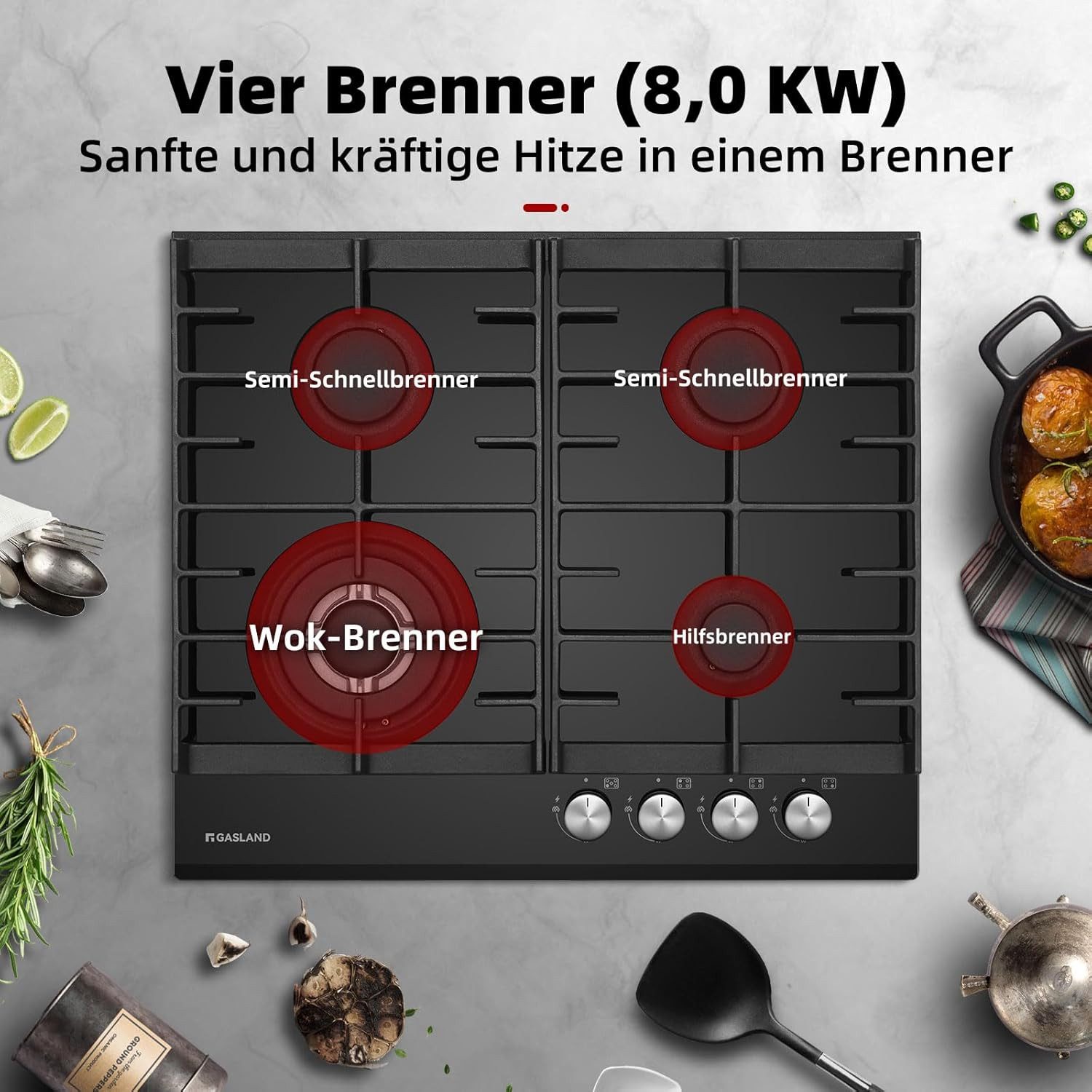 GASLAND Gas-Kochfeld GH604BF, 4-flammiges Kochfeld, 60 cm, 8000 W, Wok-Brenner, LPG/Erdgas