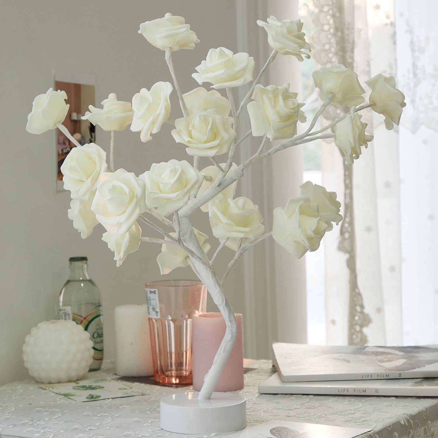 Dekor,Valentinstag LED Tischleuchte Hochzeit Geschenk Home Nachtlicht, Künstliche Rosnek Blume, Tisch-Bonsai-Baum Rose Warmweiß, Party LED