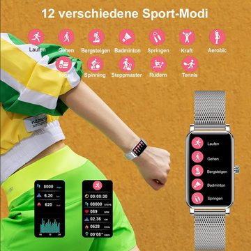 TPFNet SW32 mit Milanaise Armband für Damen - individuelles Display Smartwatch (Android), Armbanduhr mit Musiksteuerung, Herzfrequenz, Schrittzähler, Kalorien, Sportmodus etc. - Silber