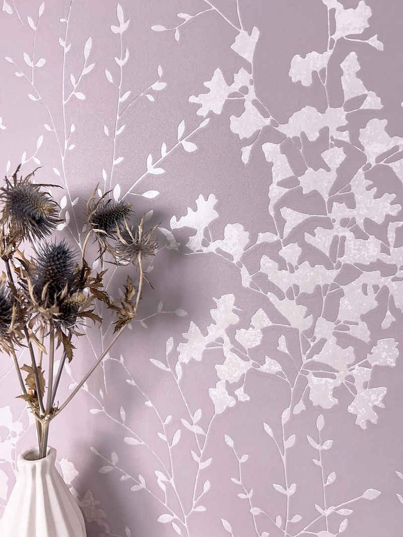 Newroom Vliestapete, Lila Tapete Floral Äste - Ästetapete Blumentapete Flieder Altrose Romantisch 3D Optik Blätter Blumen für Schlafzimmer Wohnzimmer Küche