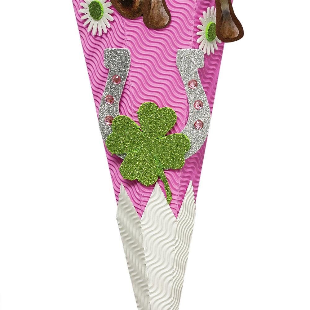 Roth Schultüte Bastelset Pferdeträume, 68 cm, eckig, mit Kreppverschluss, Zuckertüte zum Basteln, Rosa / Grün