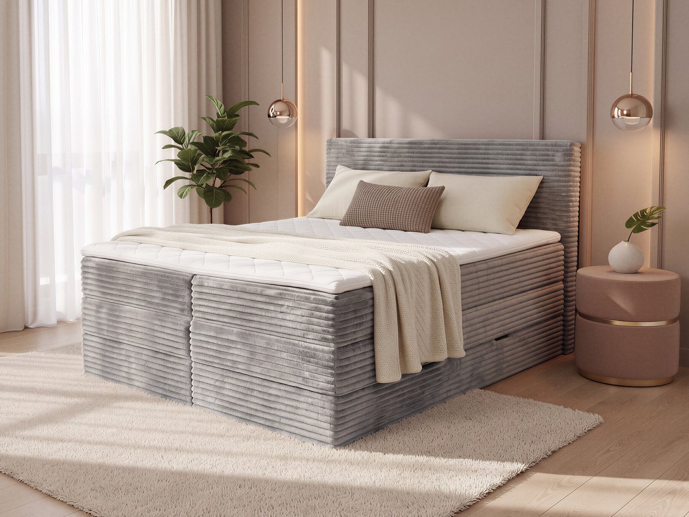Sofnet Boxspringbett Mollo XL (2x Bettkästen, Bonellfederkern- und Taschenfederkernmatratze, Topper), Polsterbett, Doppelbett, Cord Bezug, mit Kopfteil, 140/160/180x200 cm