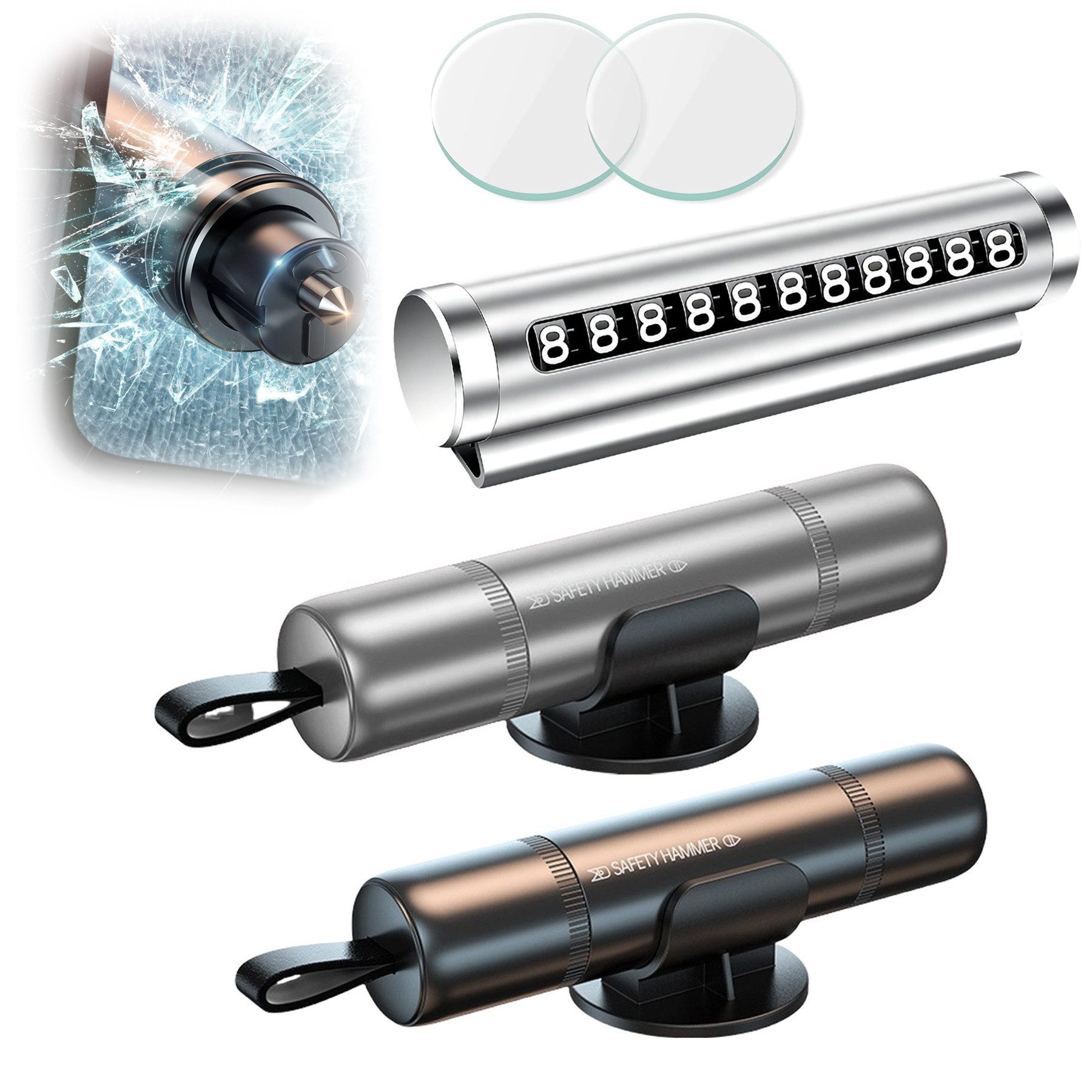 Mutig Hammer 2 in 1 Gurtschneider Notfallhammer (2 Stück Auto Sicherheitshammer, Emergency Cartool, 3-St., Glasbrecher Auto Essentials), Notfallhammer Auto für Auto und Bus