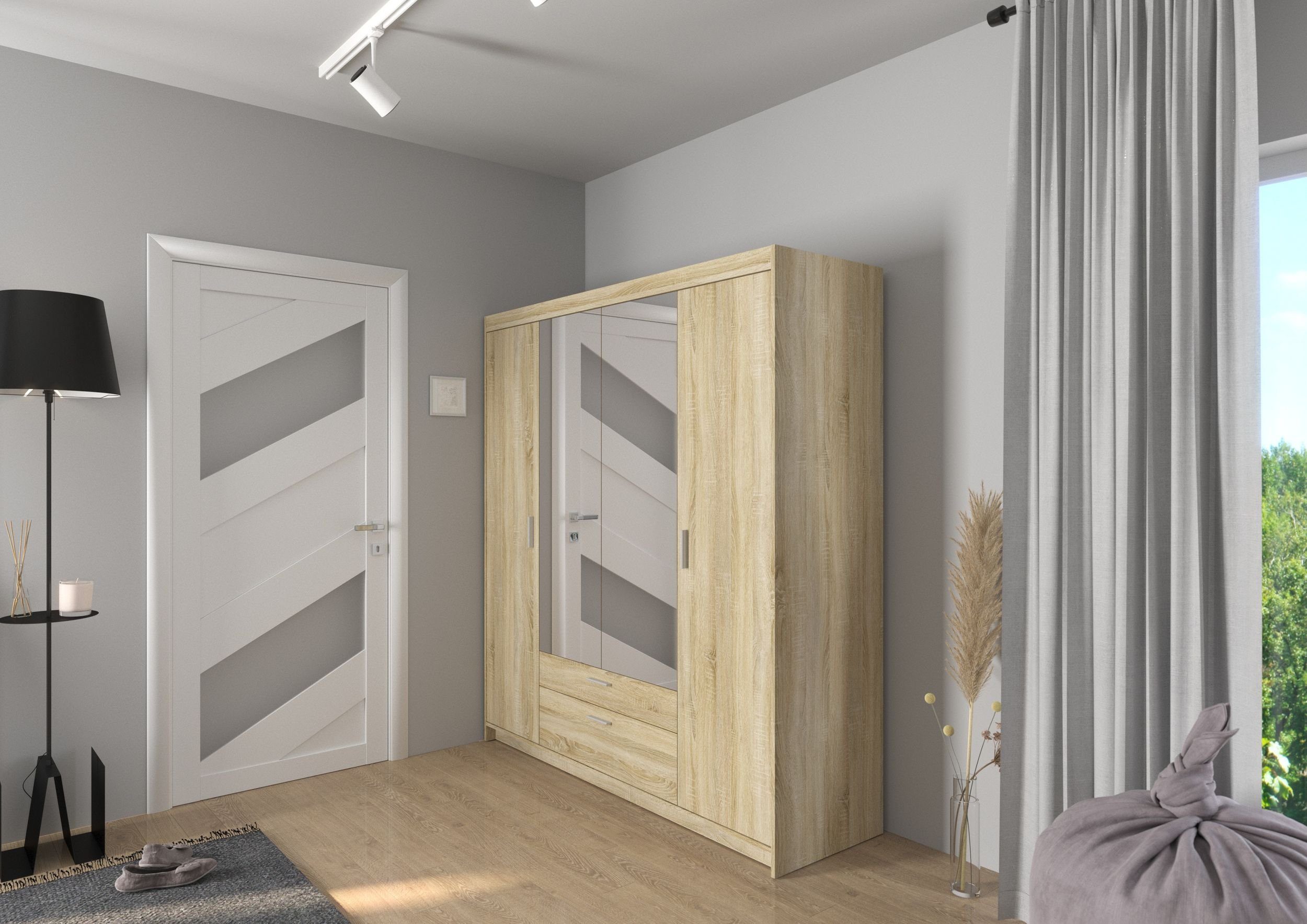 Küchen-Preisbombe Drehtürenschrank Elena 4-türig Kleiderschrank Wäscheschrank Sonoma Eiche Spiegel