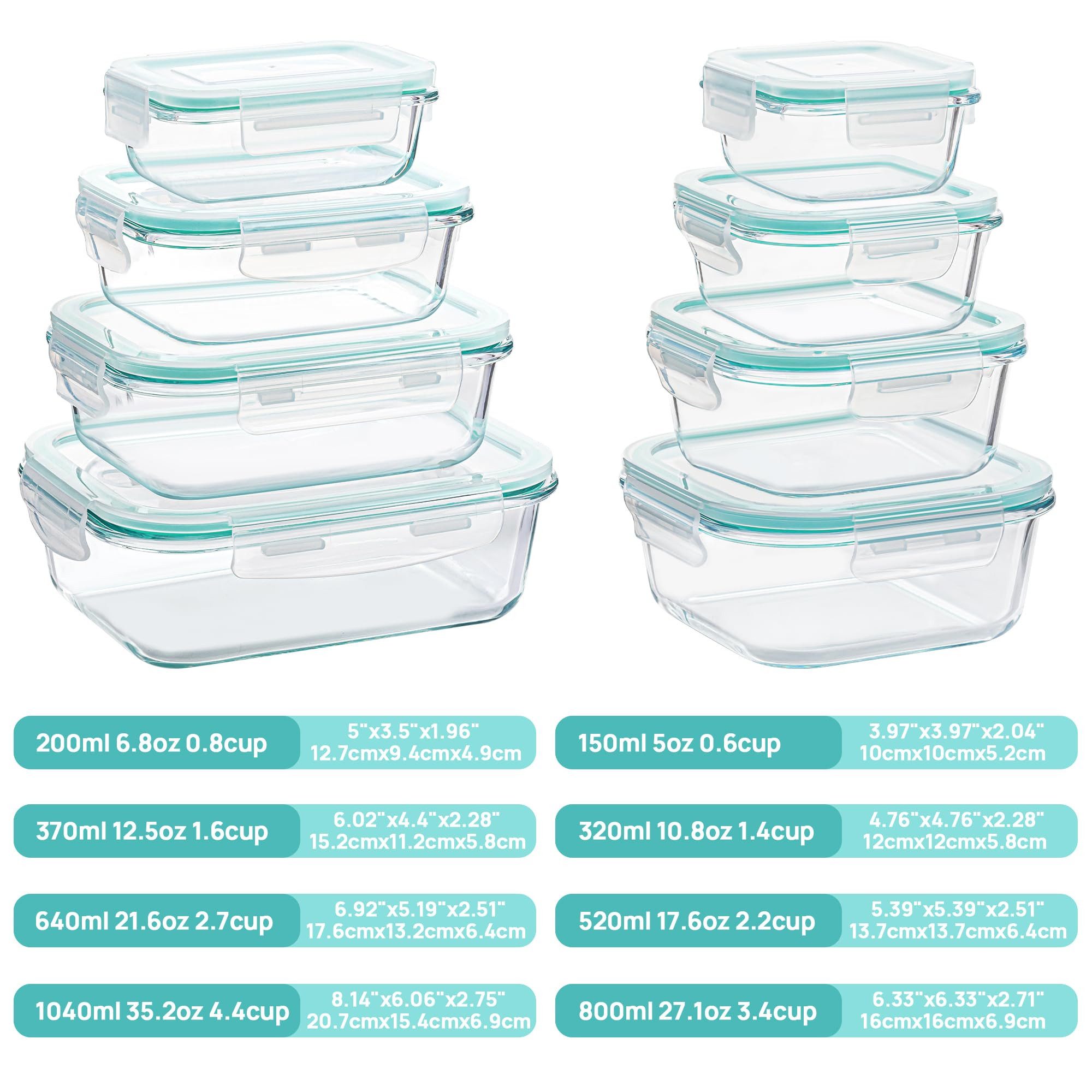 SURFOU Frischhaltedose Glasbehälter mit Deckel Frischhaltedosen Set Vorratsdosen mit 8 Größen, Glas, (Vorratsdosen-Set aus Glas, Geschirrset, Meal Prep Gläser, Meal Prep Boxen, Vorratsdosen mit Deckel Luftdicht, Mikrowellengeschirr Glasdosen mit Deckel Set – Stapelbare Vorratsdosen mit Deckel, Meal Prep Boxen Glas, BPA-frei & auslaufsicher, Robust, temperaturbeständig, ideal für Meal Prep, Lebensmittel aufbewahren, 8-tlg., Geeignet für den Kühlschrank und stapelbar), Auslaufsicher, geruchsfrei, lebensmittelecht, mikrowellengeeignet