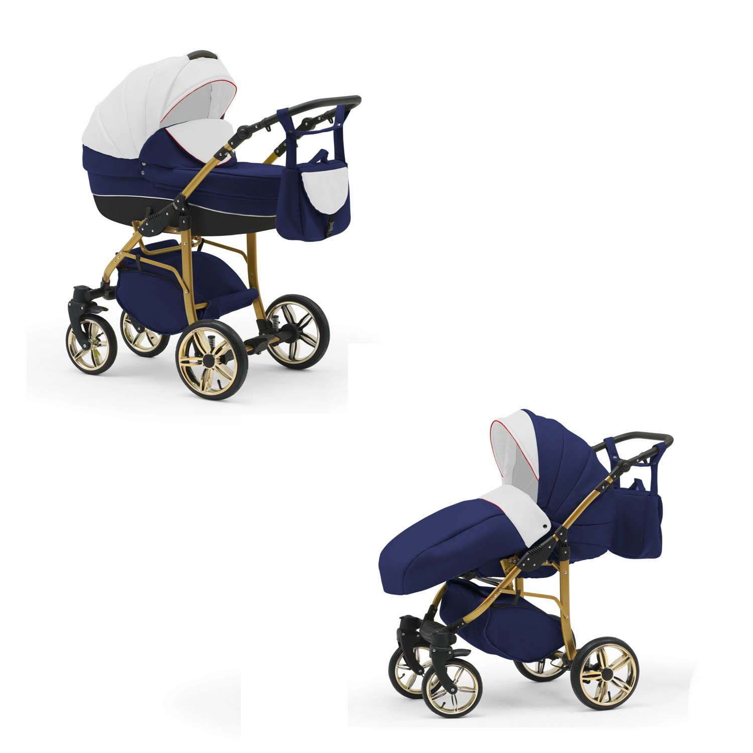 Kinderwagen-Set Farben ECO 13 Teile Cosmo babies-on-wheels in 1 in - 2 46 - Weiß-Navy-Schwarz Gold Kombi-Kinderwagen