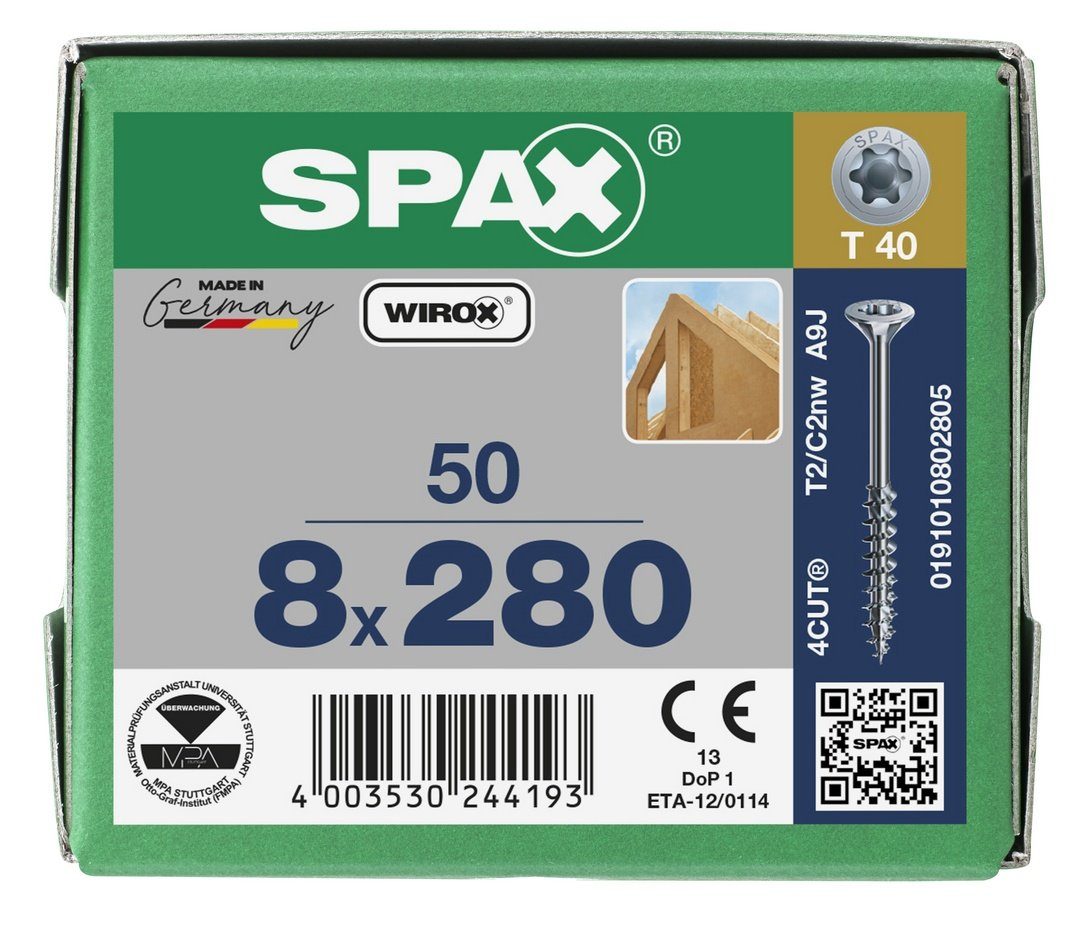 SPAX Spanplattenschraube verzinkt, 50 8x280 mm St), (Stahl weiß Holzbauschraube